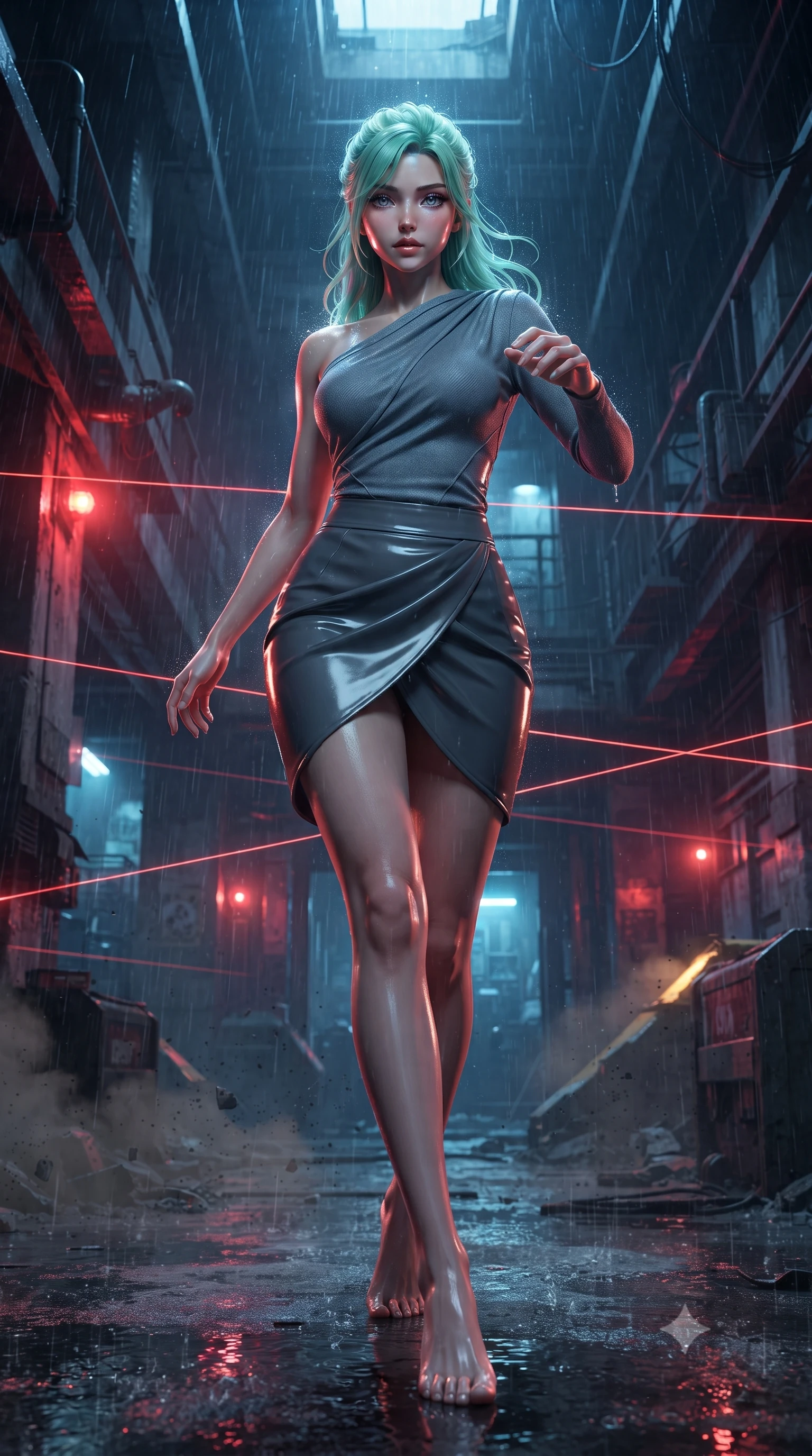 score_9, masterpiece, best quality, ultra-detailed, high-budget anime keyframe, editorial fashion photography, tasteful artistic composition, realistic cosplay photography, Japanese woman. low angle full-body shot from head to toe showing her feet, filling the entire 9:16 vertical frame with her statuesque presence, stretching her vertical silhouette. dashing through rain-slicked cyberpunk alleyways, dodging laser tripwires with fluid agility through an underground bunker shaking during an orbital strike, concrete dust falling and red emergency lights flashing. She has a statuesque 8.5-heads proportion, an exceptionally tall, slender and willowy model-like build with impossibly long legs and a highly sculpted ultra-slim waist. sharp v-shaped jawline, high-bridge nose, intricate jewel-like eyes with depth, thick eyelashes, glossy lips with a natural sheen. wearing tailored for maximum mobility, sleek form-contouring panels that allow fluid movement, a body-hugging asymmetric draped knit top in slate grey, paired with a matching high-waisted charcoal wrap skirt wrapping her hips. brilliant cinematic volumetric lighting with intense neon rim light outlining her form. ultra-reflective glossy finish, specular highlights, metallic sheen, high-contrast stereoscopic depth, volumetric dynamic lighting, 2k, ultra detail, master piece, 9:16 ratio