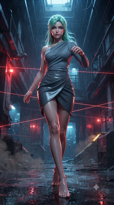score_9, masterpiece, best quality, ultra-detailed, high-budget anime keyframe, editorial fashion photography, tasteful artistic composition, realistic cosplay photography, Japanese woman. low angle full-body shot from head to toe showing her feet, f