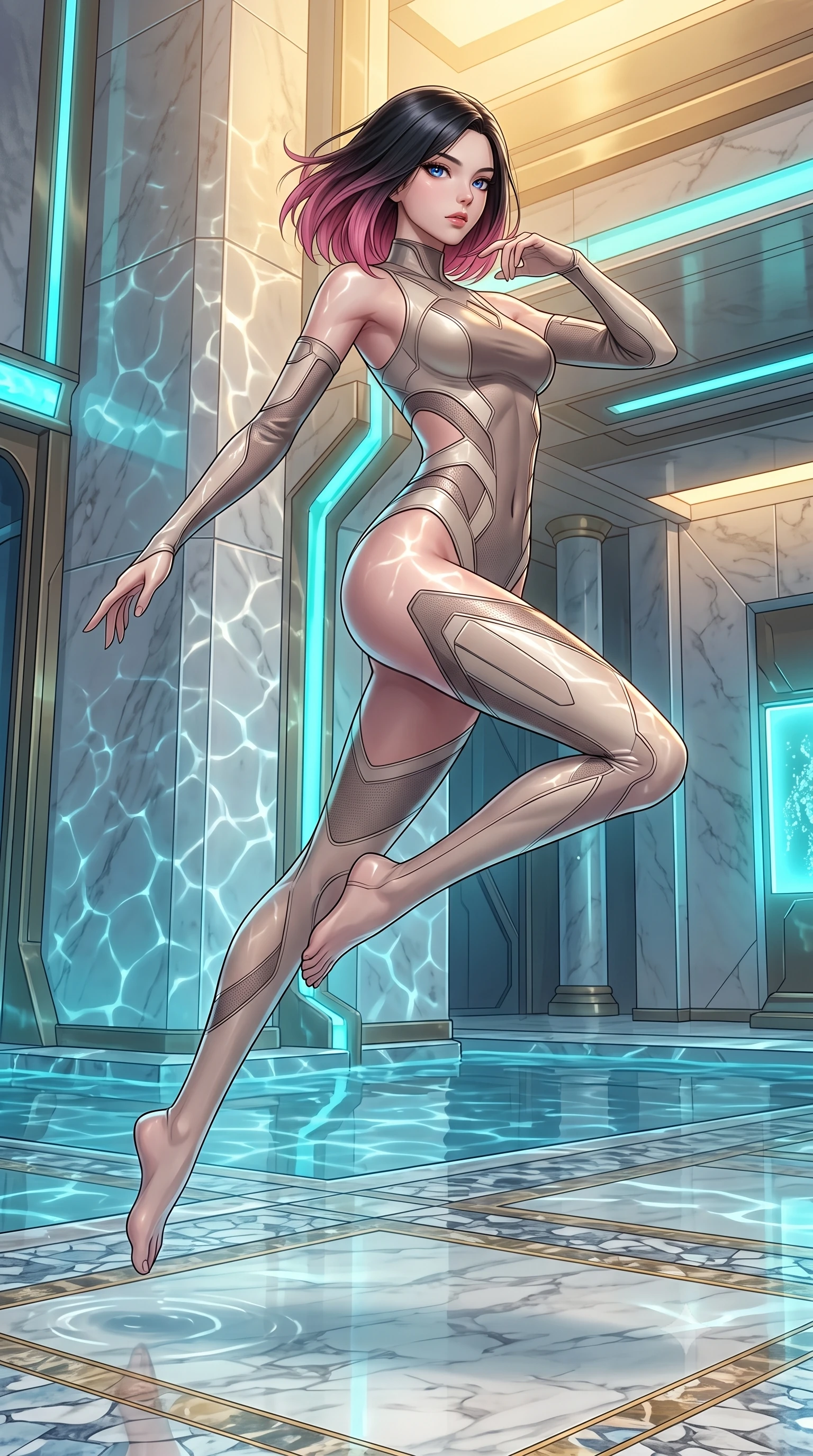 score_9, masterpiece, best quality, ultra-detailed, high-budget anime keyframe, editorial fashion photography, tasteful artistic composition, Korean woman. low angle full-body shot from head to toe showing her feet, filling the entire 9:16 vertical frame with her statuesque presence, stretching her vertical silhouette. leaping gracefully through the environment with statuesque elegance and long slender legs gliding over a mosaic marble floor illuminated by caustic water ripples, shimmering water reflections dancing dynamically across the marble walls. She has an absolutely perfect, statuesque 8.5-heads proportion, an exceptionally tall and slender model-like female figure with impossibly long slender legs and an ultra-slim waist. sharp v-shaped jawline, high-bridge nose, intricate jewel-like eyes with depth, thick eyelashes, glossy lips with a natural sheen. wearing an asymmetrical high-cut tech-bodysuit with detached sleeves in muted taupe and soft ivory, made of fine carbon-fiber weave and soft matte leather, featuring clean architectural cutouts along her slender torso, the tailored fabric tightly following every curve of her athletic build. illuminated by luminous aqua bioluminescence and warm golden top lighting. highly saturated vibrant anime colors, detailed shading with soft gradients, rich glossy textures, high-contrast stereoscopic depth, volumetric dynamic lighting, master piece, 9:16 ratio