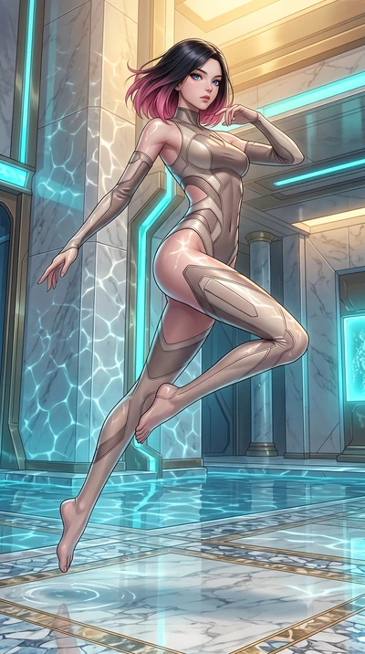 score_9, masterpiece, best quality, ultra-detailed, high-budget anime keyframe, editorial fashion photography, tasteful artistic composition, Korean woman. low angle full-body shot from head to toe showing her feet, filling the entire 9:16 vertical f