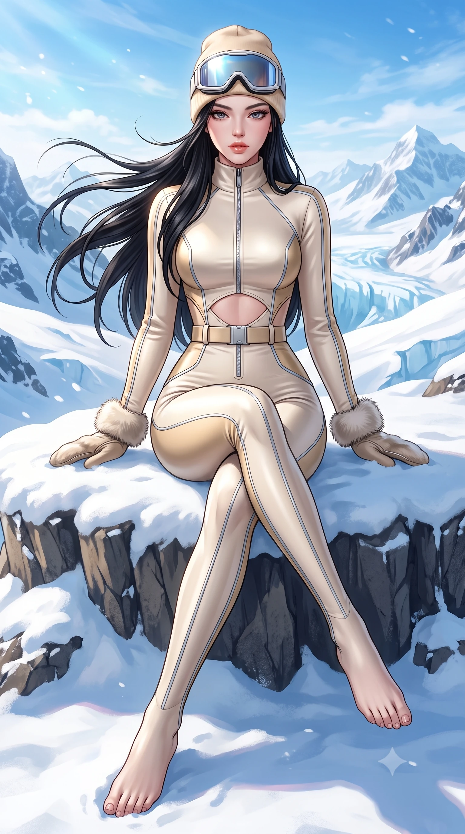 score_9, masterpiece, best quality, ultra-detailed, high-budget anime keyframe, semi-realistic 3D game render, editorial fashion photography, tasteful artistic composition, Korean woman. low angle full-body shot from head to toe showing her feet, filling the entire 9:16 vertical frame with her statuesque presence, stretching her vertical silhouette. sitting poised on the elevated edge with legs crossed and extended, her tall 8.5-heads proportions dominating the scene with effortless poise while striding through the fresh powder snow with sovereign elegance, arching her back as mountain winds flutter her open coat. The surrounding environment is rendered in vivid detail and crisp panoramic clarity. detailed fur stole fibers, metallic zipper reflections, and distant alpine glacier ridges in high clarity. She has an absolutely perfect, statuesque 8.5-heads proportion, an exceptionally tall and slender model-like female figure with impossibly long slender legs, a toned flat midriff, and an ultra-slim waist. sharp v-shaped jawline, high-bridge nose, intricate jewel-like eyes with depth, thick eyelashes, glossy parted lips with a natural sheen, intensely captivating and seductive expression, flawlessly proportioned anatomical accuracy, strict slender model proportions, natural body alignment, perfectly sculpted long slender limbs, ultra-slim waistline, clean dynamic posture without body distortion. wearing a form-fitting thermal catsuit with reflective silver piping and an ultra-flattering waist-cinching belt in arctic champagne cream and soft gold, tailored from ultra-sleek thermal stretch neoprene with satin sheen, accessorized with mirrored ice-glare goggles resting on her beanie and fur mittens, the precision-cut daring openings accentuating her delicate midriff, graceful bare collarbones, and ultra-slim feminine waistline. surrounded by a glamorous, elite, and heart-meltingly alluring winter sanctuary goddess aura. highly saturated vibrant anime colors, detailed shading with soft gradients, rich glossy textures, high-contrast stereoscopic depth, volumetric dynamic lighting, master piece, 9:16 ratio