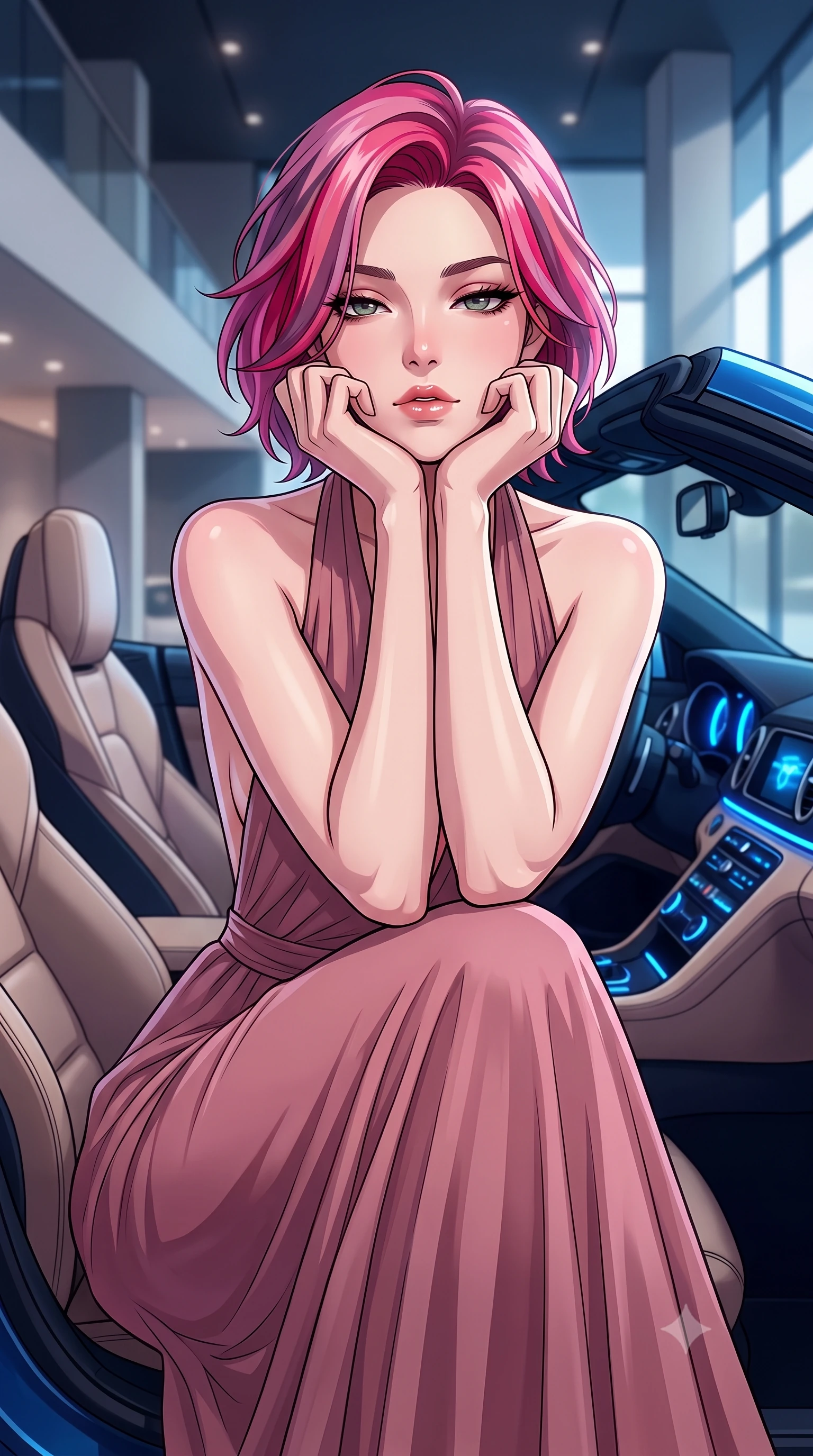 score_9, masterpiece, best quality, ultra-detailed, high-budget anime keyframe, tasteful artistic composition, Caucasian woman. close-up cowboy shot from the waist and thighs up, the character dominates the composition, filling the frame with her large presence, background elements kept in soft focus. resting her chin on the backs of her fingers, casting a heavy-lidded, sultry look past the camera the background shows a soft-focus the leather seat interior of a luxury sports car parked inside a modern showroom. She has an exceptionally elegant, slender, and willowy female figure with an ultra-slim waist, a gracefully sculpted slender torso, and a refined silhouette. sharp v-shaped jawline, high-bridge nose, intricate jewel-like eyes with depth, thick eyelashes, glossy lips with a natural sheen. wearing a tailored deep plunging-V neck maxi dress in dusty rose chiffon with a bold halter neck and low-cut back. dramatic blue dashboard lights highlighting the contours of her athletic build. highly saturated vibrant anime colors, cel-shading, 2d style, master piece, 9:16 ratio