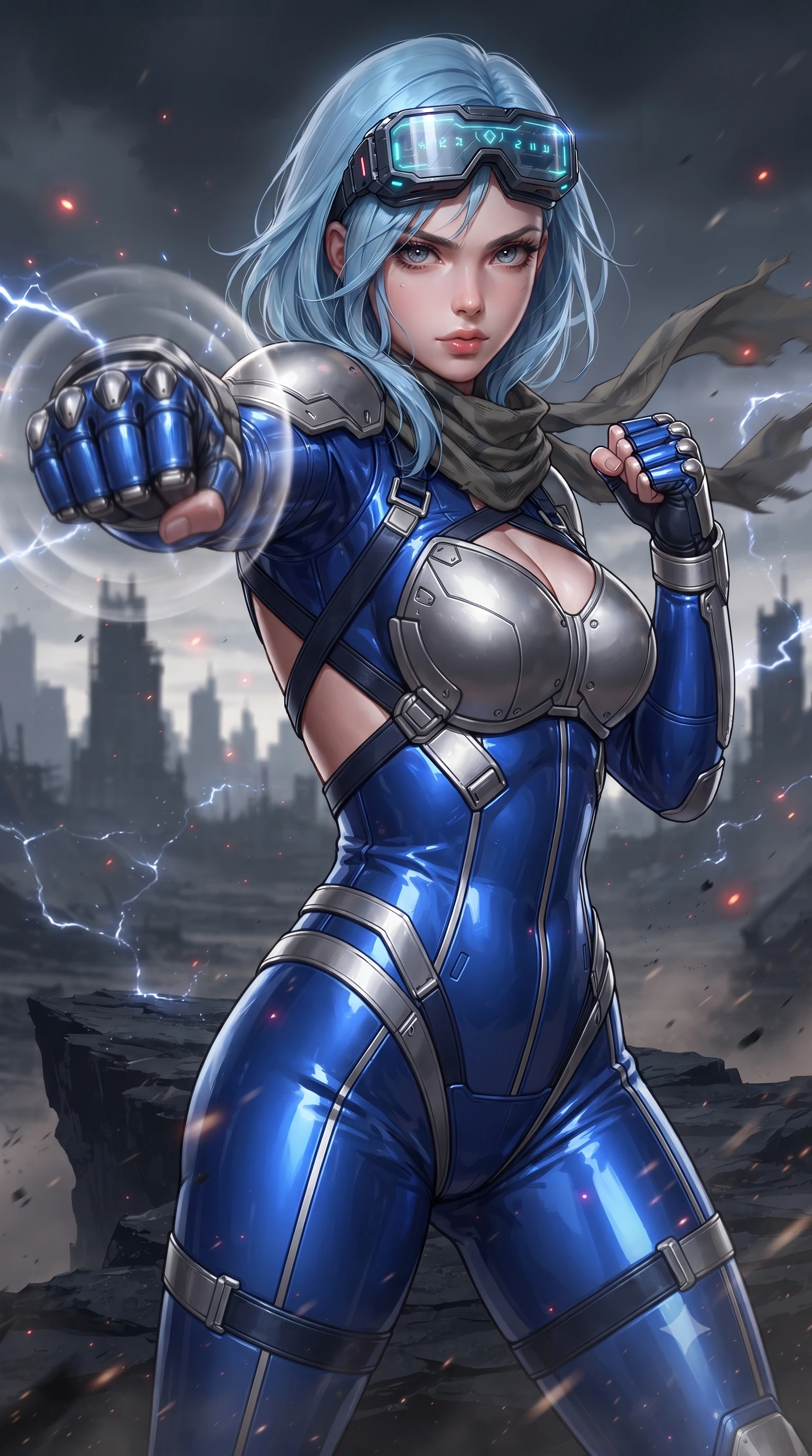 score_9, masterpiece, best quality, ultra-detailed, high-budget anime keyframe, editorial fashion photography, tasteful artistic composition, Korean woman. close-up cowboy shot from the waist and thighs up, the character dominates the composition, filling the frame with her large presence. thrusting a high-speed kinetic punch toward the camera, a visible conical shockwave distortion wrapping around her armored forearm while standing tall on a jagged obsidian ridge with wind tearing at her tactical scarf, silhouette dominating the desolate horizon. The composition keeps background elements in soft focus with creamy bokeh. sparkling static electricity arcs scattering glowing red light motes across a desolated wasteland backdrop. She has an exceptionally elegant, slender, and willowy female figure with an ultra-slim waist, a gracefully sculpted slender torso, toned flat midriff, and a refined slim silhouette. sharp v-shaped jawline, high-bridge nose, intricate jewel-like eyes with depth, thick eyelashes, glossy lips with a natural sheen, fierce and resolute heroine expression, flawlessly proportioned anatomical accuracy, strict slender model proportions, natural body alignment, perfectly sculpted long slender limbs, ultra-slim waistline, clean dynamic posture without body distortion. wearing high-tech holographic tactical goggles resting tipped up on her forehead, casting glowing neon runes across her brow without obscuring her features, paired with a tailored tactical combat jumpsuit with an open-back harness design, reinforced composite breastplate, and high-mobility elbow dampers in electric cobalt blue carbon with brushed platinum tactical trim, formed from high-gloss patent carbon-plating with specular dystopian chiaroscuro reflections, complemented by criss-cross back harness straps highlighting her completely bare spine, the form-contouring material adhering flawlessly to her sculpted flat midriff and slender torso, emphasizing her long leg lines and perfectly proportioned willowy build. surrounded by a solitary, monumental, and sacredly resilient post-apocalyptic guardian aura. ultra-reflective glossy finish, specular highlights, dark metallic sheen, high-contrast stereoscopic depth, volumetric dynamic lighting, 2k, ultra detail, master piece, 9:16 ratio
