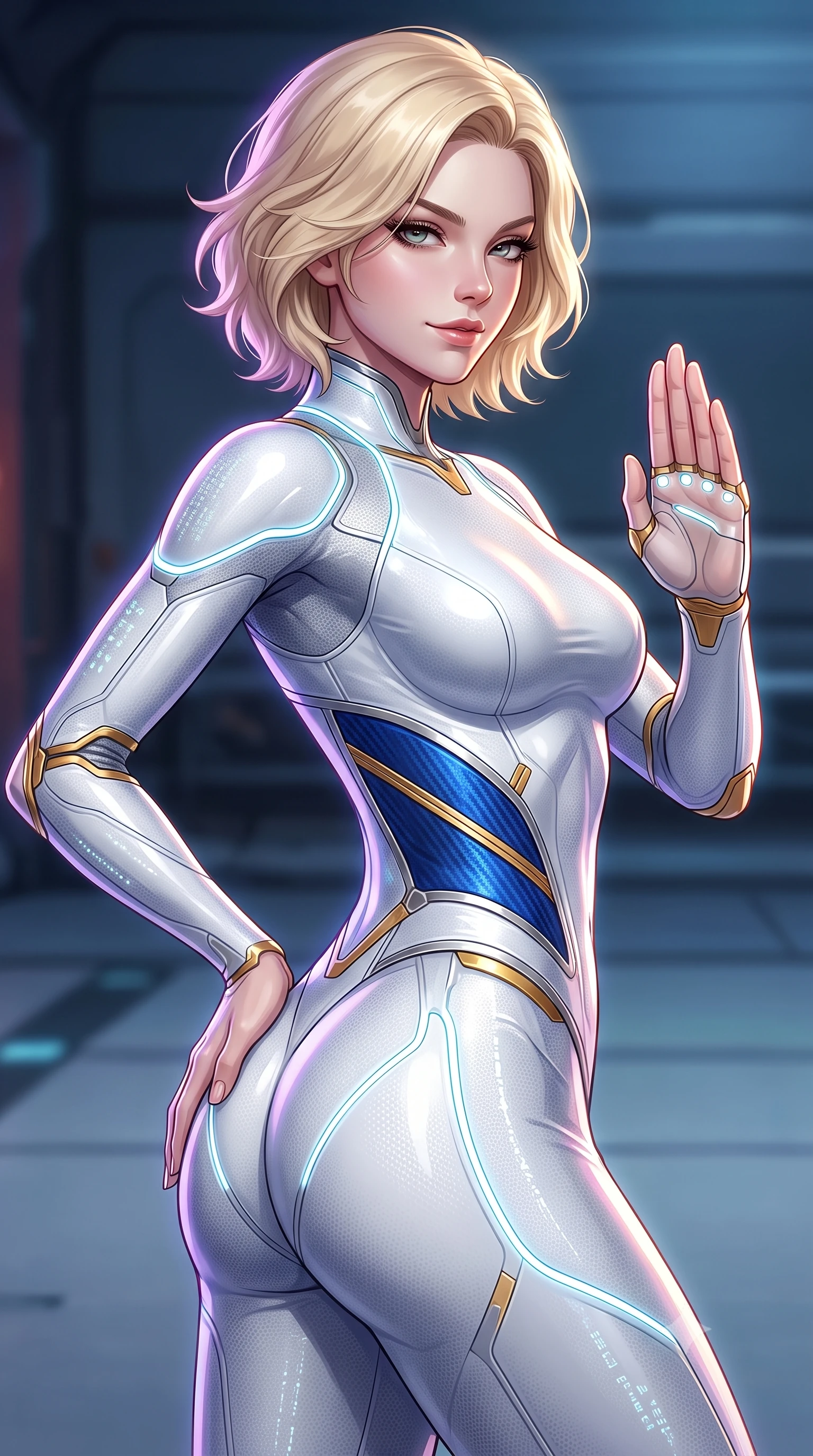 score_9, masterpiece, best quality, ultra-detailed, high-budget anime keyframe, semi-realistic 3D game render, editorial fashion photography, tasteful artistic composition, Caucasian woman. close-up cowboy shot from the waist and thighs up, the character dominates the composition, filling the frame with her large presence. resting one hand in a defensive deflective posture while glancing over her shoulder with thick eyelashes and a confident, smoldering combat half-smile while resting one hand along her slender hip while gazing into the lens with an omniscient, dangerous martial smolder. The surrounding environment is rendered in vivid detail and crisp panoramic clarity. intricate carbon suit nano-circuit lines, glowing knuckle LEDs, and matrix code glyphs in high clarity. She has an exceptionally elegant, slender, and willowy female figure with an ultra-slim waist, a gracefully sculpted slender torso, toned flat midriff, and a refined slim silhouette. sharp v-shaped jawline, high-bridge nose, intricate jewel-like eyes with depth, thick eyelashes, glossy lips with a natural sheen, flawlessly proportioned anatomical accuracy, strict slender model proportions, natural body alignment, perfectly sculpted long slender limbs, ultra-slim waistline, clean dynamic posture without body distortion. wearing a form-contouring arctic white carbon-composite martial arts leotard with solar gold articulation joints and diagonal midriff vents in electric cobalt blue carbon with polished platinum trim, tailored from flexible second-skin carbon-mesh that clings flawlessly to her athletic curves, accented with glowing fiber-optic conduits tracing her collarbones and hip curves, the liquid-tight tailored fabric emphasizing every curve of her tall, slender model proportions and sculptured silhouette during dynamic movement. illuminated by sharp specular highlights tracing her ultra-slim waist, long legs, and sculpted collarbones. rich saturated anime colors with glowing neon highlights, detailed shading with soft gradients, rich glossy textures, high-contrast stereoscopic depth, volumetric dynamic lighting, master piece, 9:16 ratio