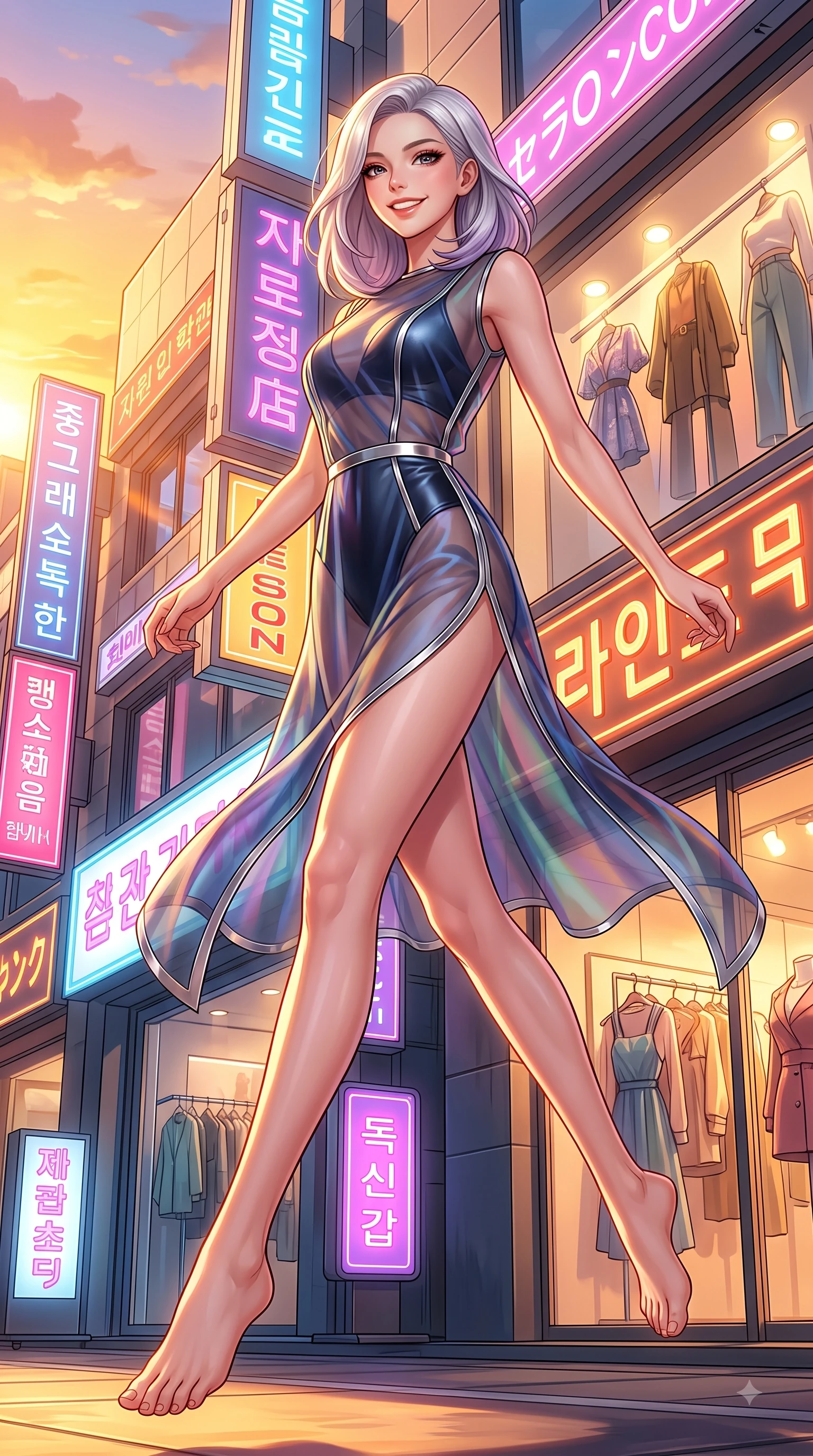 score_9, masterpiece, best quality, ultra-detailed, high-budget anime keyframe, editorial fashion photography, tasteful artistic composition, Caucasian woman. low angle full-body shot from head to toe showing her feet, filling the entire 9:16 vertical frame with her statuesque presence, stretching her vertical silhouette. leaping with pure youthful energy through mid-air with a radiant bright smile, her impossibly long slender legs stretched in balance while pivoting in a stylish stride under neon shop signs as urban sunbeams illuminate her cute smile, trendy fashion window displays reflecting golden afternoon sunlight vividly. She has an absolutely perfect, statuesque 8.5-heads proportion, an exceptionally tall and slender model-like female figure with impossibly long slender legs and an ultra-slim waist. sharp v-shaped jawline, high-bridge nose, intricate jewel-like eyes with depth, thick eyelashes, glossy lips with a natural sheen, flawlessly proportioned anatomical accuracy, natural body alignment, perfectly sculpted elegant limbs, clean dynamic posture without body distortion. wearing a semi-opaque sheer overlay dress over a leather micro-bodysuit in midnight navy blue and chrome trim, crafted from iridescent chiffon that shifts colors in the light, finished with a sleek side slit ascending to mid-thigh, the glove-like fit emphasizing her statuesque silhouette during motion. bathed in bright golden hour sunshine and warm urban ambient illumination. highly saturated vibrant anime colors, detailed shading with soft gradients, rich glossy textures, high-contrast stereoscopic depth, volumetric dynamic lighting, master piece, 9:16 ratio