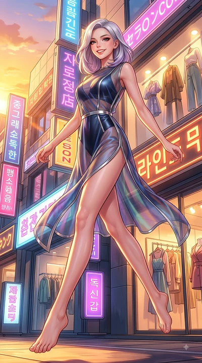 score_9, masterpiece, best quality, ultra-detailed, high-budget anime keyframe, editorial fashion photography, tasteful artistic composition, Caucasian woman. low angle full-body shot from head to toe showing her feet, filling the entire 9:16 vertica