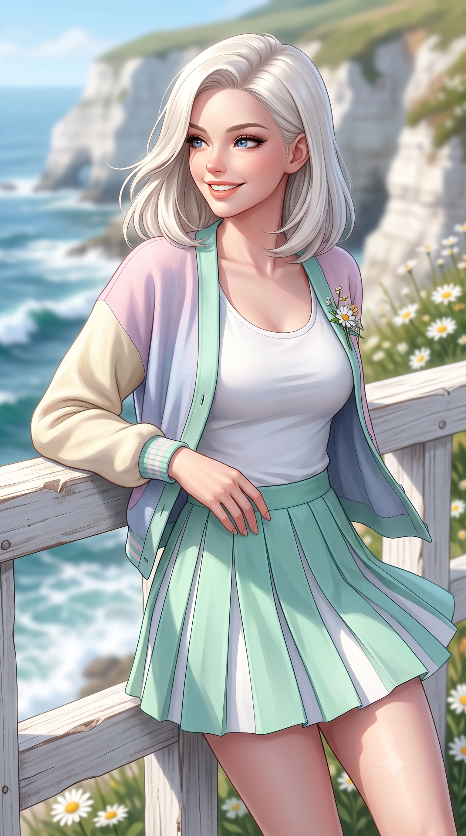 score_9, masterpiece, best quality, ultra-detailed, high-budget anime keyframe, semi-realistic 3D game render, editorial fashion photography, tasteful artistic composition, Caucasian woman. close-up cowboy shot from the waist and thighs up, the character dominates the composition, filling the frame with her large presence. resting one hand lightly on her waist while casting a charming, captivating side-gaze with thick eyelashes while leaning against a rustic white wooden railing above crashing ocean waves, her smile as bright as the summer sun. The composition keeps background elements in soft focus with creamy bokeh. white coastal limestone cliffs and blooming sea daisies softened in creamy shallow focus. She has an exceptionally elegant, slender, and willowy female figure with an ultra-slim waist, a gracefully sculpted slender torso, toned flat midriff, and a refined slim silhouette. sharp v-shaped jawline, high-bridge nose, intricate jewel-like eyes with depth, thick eyelashes, glossy lips with a natural sheen, pure and lovely fresh girlhood expression, flawlessly proportioned anatomical accuracy, strict slender model proportions, natural body alignment, perfectly sculpted long slender limbs, ultra-slim waistline, clean dynamic posture without body distortion. wearing a chic pastel varsity cardigan over a simple white scoop-neck tee and a pleated mini skirt in refreshing mint green and crisp sea-salt white, crafted from soft breathable linen that flutters gently in the breeze, complemented by a delicate wildflower corsage pinned to the lapel, the breezy lightweight fabric fluttering softly against her delicate collarbones, narrow waist, and feminine curves. illuminated by crisp directional daylight defining her flawless features and slender silhouette. highly saturated vibrant anime colors, detailed shading with soft gradients, rich glossy textures, high-contrast stereoscopic depth, volumetric dynamic lighting, master piece, 9:16 ratio
