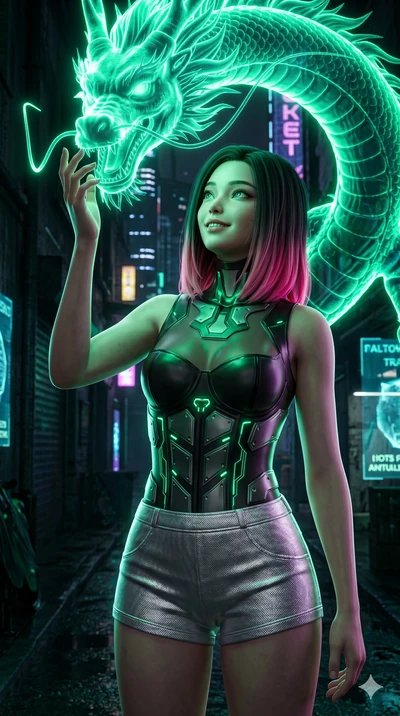 score_9, masterpiece, best quality, ultra-detailed, high-budget anime keyframe, semi-realistic 3D game render, Korean woman. Upper body close-up from the thighs up, character filling the screen for maximum presence. Standing under a giant holographic