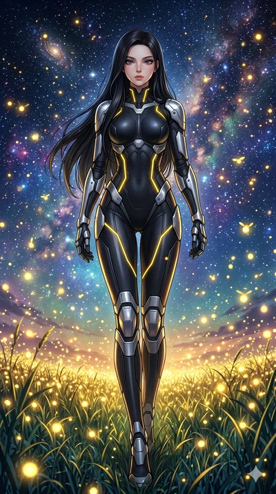 score_9, masterpiece, best quality, ultra-detailed, High-budget Anime Keyframe, beautiful Korean anime girl. Low angle cowboy shot filling the entire 9:16 frame with her statuesque presence. Walking through a field of tall grass that glows with thous