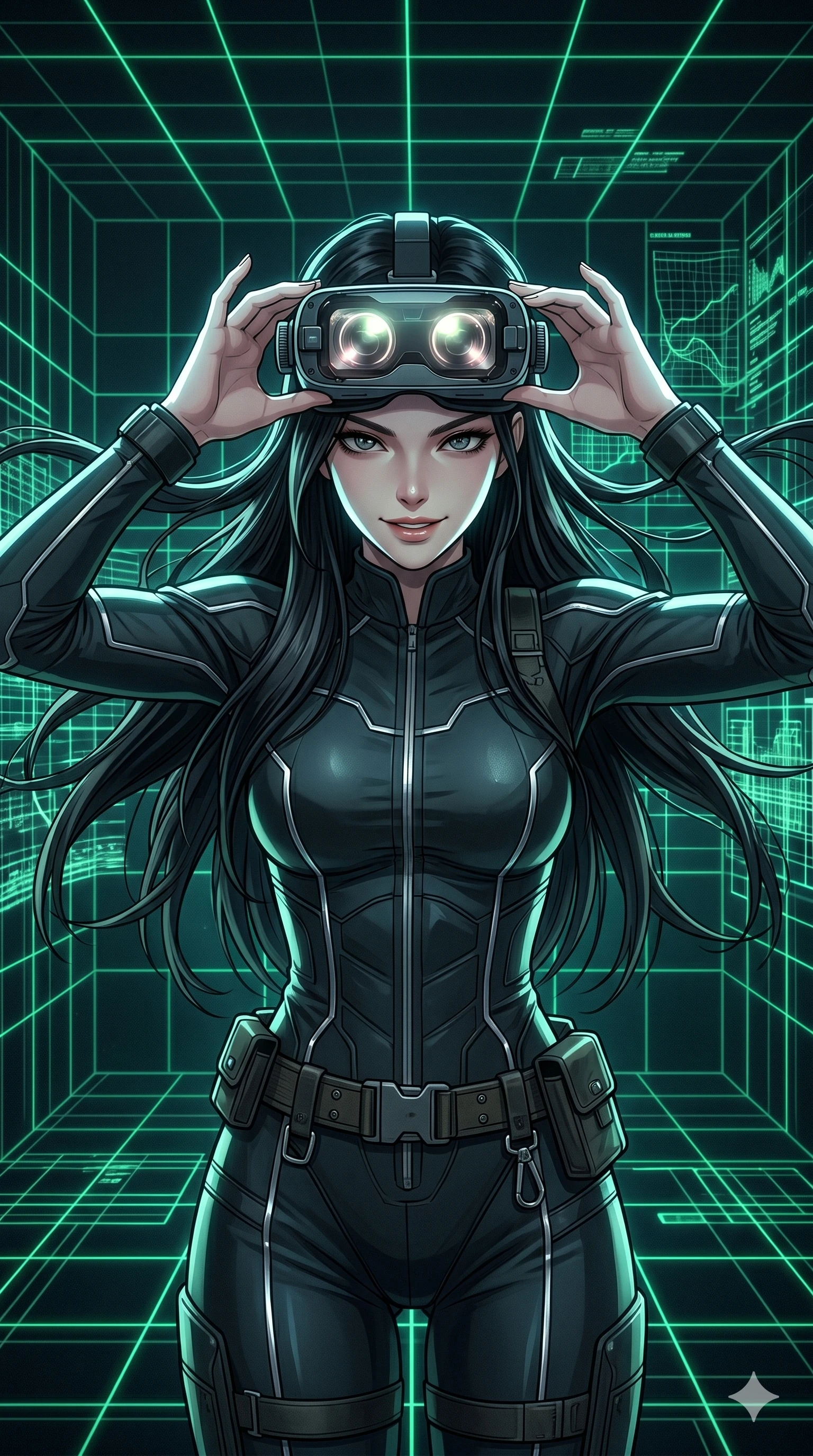 score_9, masterpiece, best quality, ultra-detailed, high-budget anime keyframe, Korean woman. Upper body close-up from the thighs up, character filling the screen for maximum presence. Inside a virtual reality chamber with wireframe grids, adjusting her VR headset with a focused, intense half-smile. She is wearing a form-fitting tech-jumpsuit with reflective silver piping and a utility belt. The scene is illuminated by neon green grid lines and a sharp white key light. 2k, ultra detail, master piece, 9:16 ratio