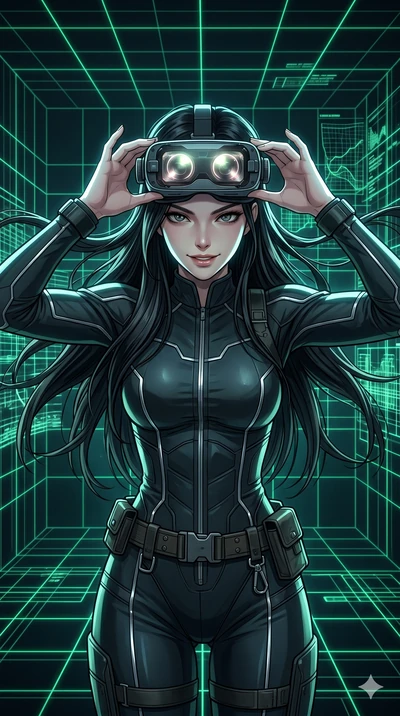 score_9, masterpiece, best quality, ultra-detailed, high-budget anime keyframe, Korean woman. Upper body close-up from the thighs up, character filling the screen for maximum presence. Inside a virtual reality chamber with wireframe grids, adjusting 