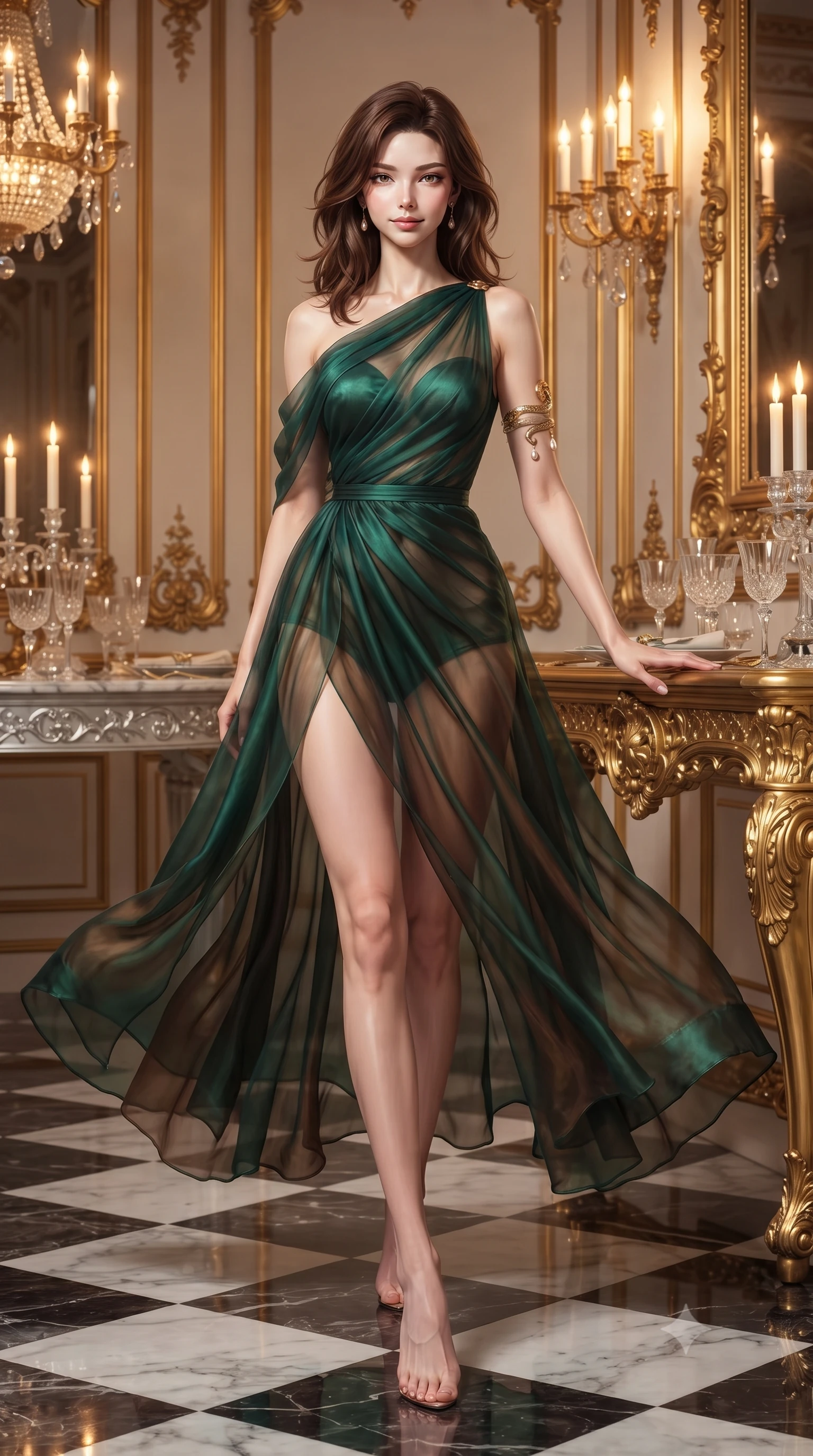 score_9, masterpiece, best quality, ultra-detailed, high-budget anime keyframe, editorial fashion photography, tasteful artistic composition, Korean woman. low angle full-body shot from head to toe showing her feet, filling the entire 9:16 vertical frame with her statuesque presence, stretching her vertical silhouette. stepping forward gracefully in mid-motion, displaying her toned flat midriff and flawlessly sculpted slender limbs while resting against a gilded mirror console table with an aloof, captivating socialite smile. The surrounding environment is rendered in vivid detail and crisp panoramic clarity. sharp checkerboard marble floor reflections, ornate gold wall molding, and crystal table settings in deep focus. She has an absolutely perfect, statuesque 8.5-heads proportion, an exceptionally tall and slender model-like female figure with impossibly long slender legs, a toned flat midriff, and an ultra-slim waist. sharp v-shaped jawline, high-bridge nose, intricate jewel-like eyes with depth, thick eyelashes, glossy lips with a natural sheen, captivating and magnetic expression, flawlessly proportioned anatomical accuracy, strict slender model proportions, natural body alignment, perfectly sculpted long slender limbs, ultra-slim waistline, clean dynamic posture without body distortion. wearing an ethereal emerald-green silk chiffon gown with an asymmetric shoulder drape and sheer layered skirt in deep emerald green and bronze, woven from airy multi-layered silk chiffon with a weightless drape, accented with a sculptured gold serpent armlet and pearl drops, the liquid-tight tailored fabric emphasizing every curve of her tall, slender model proportions and sculptured silhouette during dynamic movement. bathed in warm glowing candlelight and radiant gold chandelier downlights. ultra-reflective glossy finish, specular highlights, rich textural contrasts, high-contrast stereoscopic depth, volumetric dynamic lighting, 2k, ultra detail, master piece, 9:16 ratio