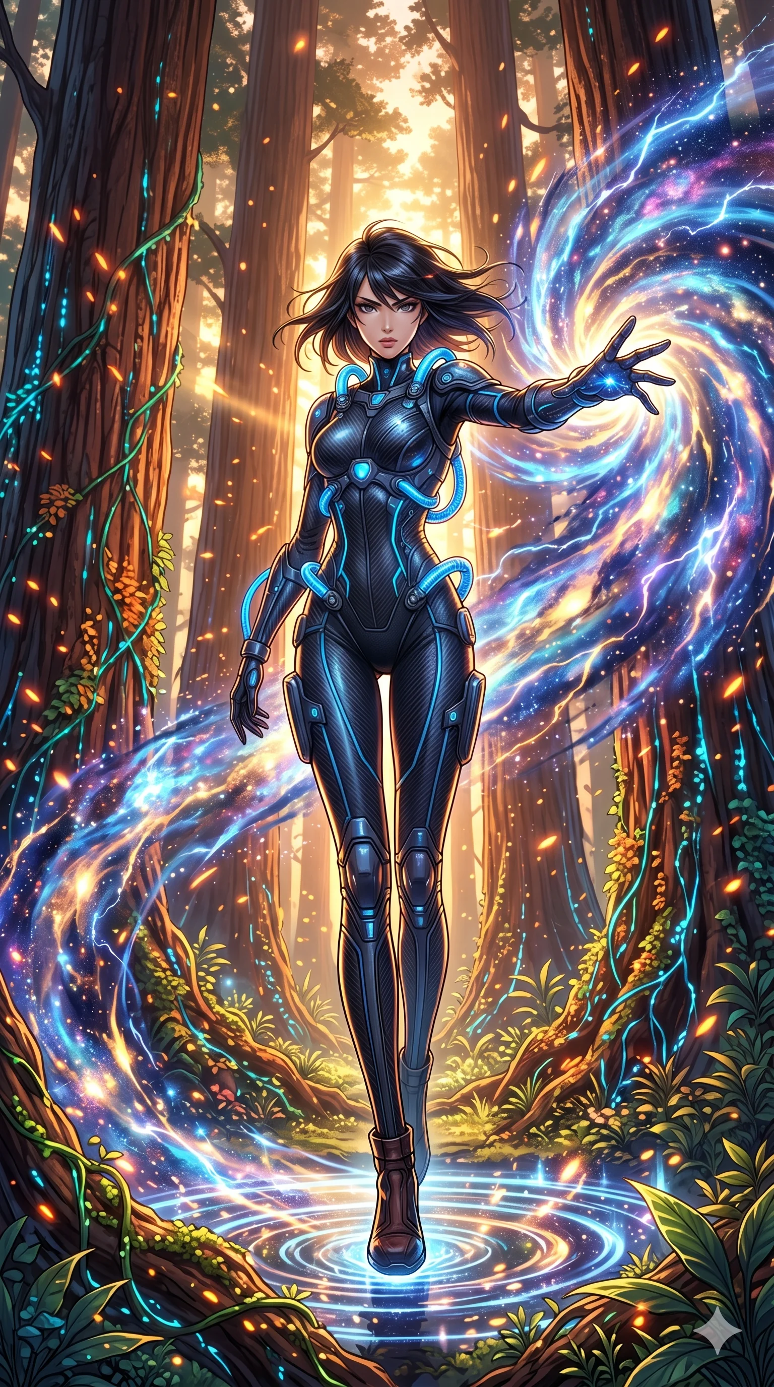 score_9, masterpiece, best quality, ultra-detailed, Set A: High-budget Anime Keyframe, Japanese woman. Low angle cowboy shot filling the entire 9:16 frame with her statuesque presence. Theme: Abstract Cosmic. unleashing a massive energy wave in a giant redwood forest with glowing vines, as she steps on ripples of time that distort the space 151. The atmosphere is filled with golden hour with floating embers. She has an absolutely perfect 8-heads proportion, an exceptionally tall and slender female figure with impossibly long slender legs and an ultra-slim waist. Sharp v-shaped jawline, high-bridge nose, intricate jewel-like eyes with depth, glossy lips. Wearing Interstellar pilot suit with glowing oxygen-tubes and a sleek carbon-fiber frame. Cinematic lighting, vivid colors, dramatic shadows, 2k, ultra detail, master piece, 9:16 ratio