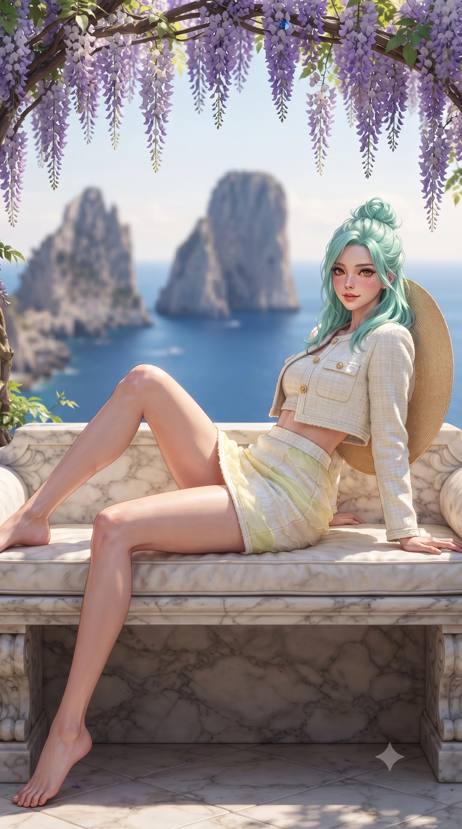 score_9, masterpiece, best quality, ultra-detailed, high-budget anime keyframe, editorial fashion photography, tasteful artistic composition, Japanese woman. low angle full-body shot from head to toe showing her feet, filling the entire 9:16 vertical frame with her statuesque presence, stretching her vertical silhouette. reclining languidly on her side across the outdoor daybed with one knee drawn up, her radiant smile and arched hip curve commanding the 9:16 vertical frame with youthful sensual charisma while sitting perched on the carved marble bench beneath blooming purple wisteria vines, casting an enchanting, playful smile with bedroom-eyes. The composition keeps background elements in soft focus with dreamy creamy bokeh. the monumental limestone Faraglioni sea stacks and deep sapphire ocean blurred into cobalt, violet, and shimmering gold bokeh. She has an exceptionally tall and slender model-like 8.5-heads proportion, an ultra-slim waist, a flat toned midriff, narrow delicate ribcage, and beautifully sculpted feminine hips creating a graceful, slim hourglass silhouette without any bulky heaviness, with impossibly long slender legs. sharp v-shaped jawline, high-bridge nose, sparkling amber-hazel eyes with depth, long lush eyelashes, glossy sun-kissed lips with a warm coral glaze, radiant teasing smile with sensual sunlit bedroom-eyes, exuding effortless old-money elegance and intoxicating sun-drenched allure, flawlessly proportioned anatomical accuracy, strict slender model proportions, natural body alignment, perfectly sculpted long slender limbs, ultra-slim waistline, clean dynamic posture without body distortion. wearing a luxury white tweed two-piece resort set with a cropped jacket and ultra-fitted high-waisted mini skirt tracing her hips in pastel limoncello yellow and vanilla cream, woven from layered gossamer organza with weightless flutter, complemented by a wide-brim straw sunhat held casually behind her back, the precision-cut side openings and low-back scoop framing her graceful spine and the sensual sweep of her slim, sun-kissed hips. illuminated by deep blue ocean ambient fill and sharp warm-gold rim lights defining her razor-sharp jawline, narrow waist, and curvy hips. ultra-reflective glossy finish, specular highlights, rich textural contrasts, high-contrast stereoscopic depth, volumetric dynamic lighting, 2k, ultra detail, master piece, 9:16 ratio
