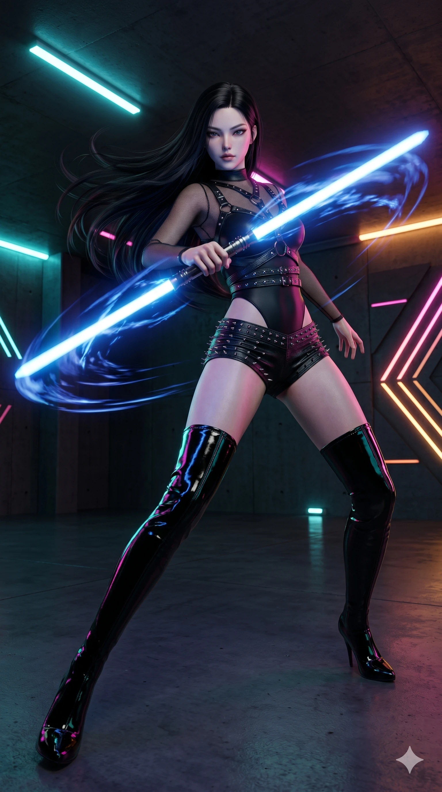score_9, masterpiece, best quality, ultra-detailed, photorealistic 8k CG, hyper-detailed textures, ray-tracing, Korean woman. Dynamic full-body shot stretching the vertical silhouette with extreme perspective. spinning a double-edged light-saber in a dark, minimalist room. She has an absolutely perfect 8-heads proportion, an exceptionally tall and slender female figure with an ultra-slim waist and impossibly long slender legs. strictly human anatomy, two legs only, no extra limbs, clearly defined legs and arms, perfect anatomy, perfect hands and fingers. sharp v-shaped jawline, high-bridge nose, intricate jewel-like eyes, thick eyelashes, glossy lips. Wearing K-Idol Stage: Leather harness over mesh, high-cut bodysuit, studded micro-shorts, and thigh-high patent boots. The scene is illuminated by dramatic atmospheric lighting and vibrant color palettes. , 2k, ultra detail, master piece, 9:16 ratio