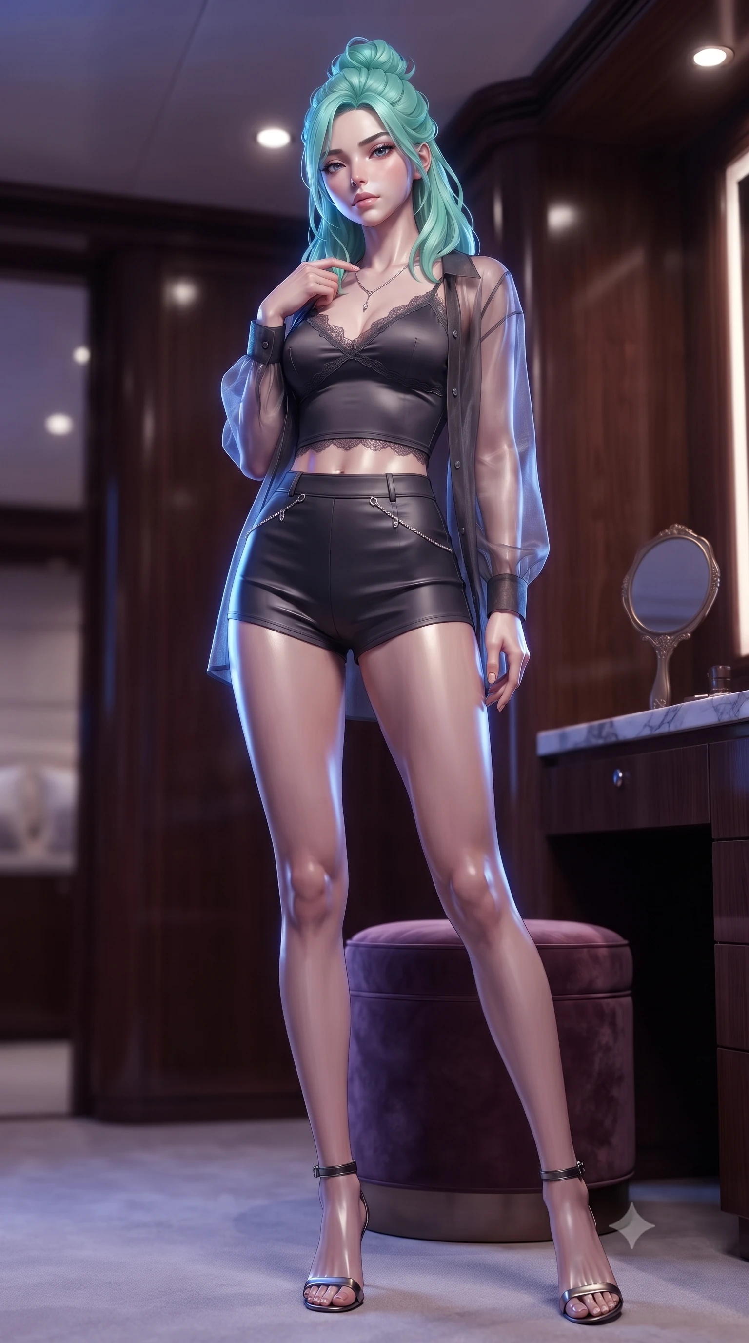 score_9, masterpiece, best quality, ultra-detailed, high-budget anime keyframe, editorial fashion photography, tasteful artistic composition, Japanese woman. low angle full-body shot from head to toe showing her feet, filling the entire 9:16 vertical frame with her statuesque presence, stretching her vertical silhouette. standing tall with statuesque grace, tracing a single finger down her necklace with a smoldering, magnetic expression set against a soft-focus background of inside an exclusive yacht cabin with a velvet-wrapped stool and an antique hand mirror resting on a marble counter. She has an absolutely perfect, statuesque 8.5-heads proportion, an exceptionally tall and slender model-like female figure with impossibly long slender legs and an ultra-slim waist. sharp v-shaped jawline, high-bridge nose, intricate jewel-like eyes with depth, thick eyelashes, glossy lips with a natural sheen. wearing slim-fit charcoal matte silk delicate lace-trim crop top worn under a sheer organza cardigan with high-waist micro-shorts accented with delicate silver hardware. drenched in dramatic neon rim-lighting that traces the sleek contours of her figure. ultra-reflective glossy finish, specular highlights, metallic sheen, high-contrast stereoscopic depth, volumetric dynamic lighting, 2k, ultra detail, master piece, 9:16 ratio