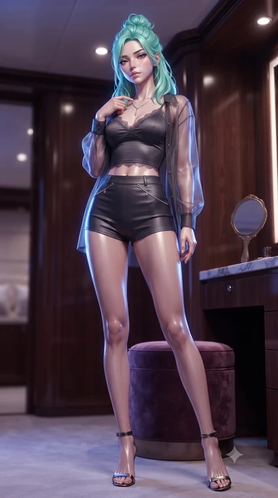 score_9, masterpiece, best quality, ultra-detailed, high-budget anime keyframe, editorial fashion photography, tasteful artistic composition, Japanese woman. low angle full-body shot from head to toe showing her feet, filling the entire 9:16 vertical