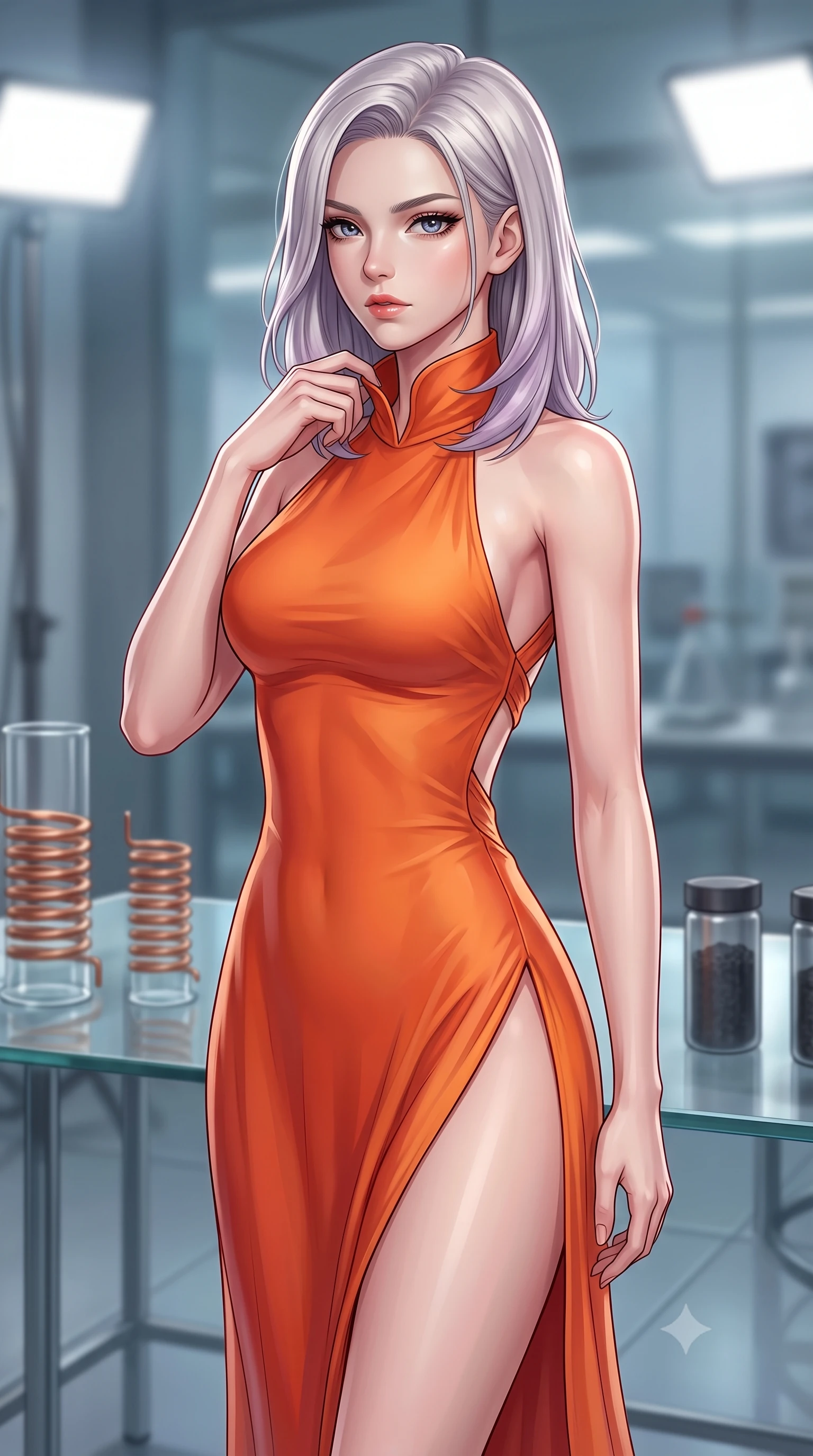 score_9, masterpiece, best quality, ultra-detailed, high-budget anime keyframe, editorial fashion photography, tasteful artistic composition, Caucasian woman. close-up cowboy shot from the waist and thighs up, the character dominates the composition, filling the frame with her large presence, background elements kept in soft focus. adjusting the high collar of her body-hugging suit, looking past the camera with quiet, sharp focus and a composed expression, the background shows a soft-focus a glass bridge test laboratory with glass tables, copper coils, and carbon containers. She has an exceptionally elegant, slender, and willowy female figure with an ultra-slim waist, a gracefully sculpted slender torso, and a refined silhouette. sharp v-shaped jawline, high-bridge nose, intricate jewel-like eyes with depth, thick eyelashes, glossy lips with a natural sheen. wearing a form-contouring high-slit space combat gown in sunset orange chiffon, featuring a daring thigh-slit and an open-back design. bright halogen work lights casting clear, detailed front lighting. highly saturated vibrant anime colors, detailed shading with soft gradients, rich glossy textures, high-contrast stereoscopic depth, volumetric dynamic lighting, master piece, 9:16 ratio