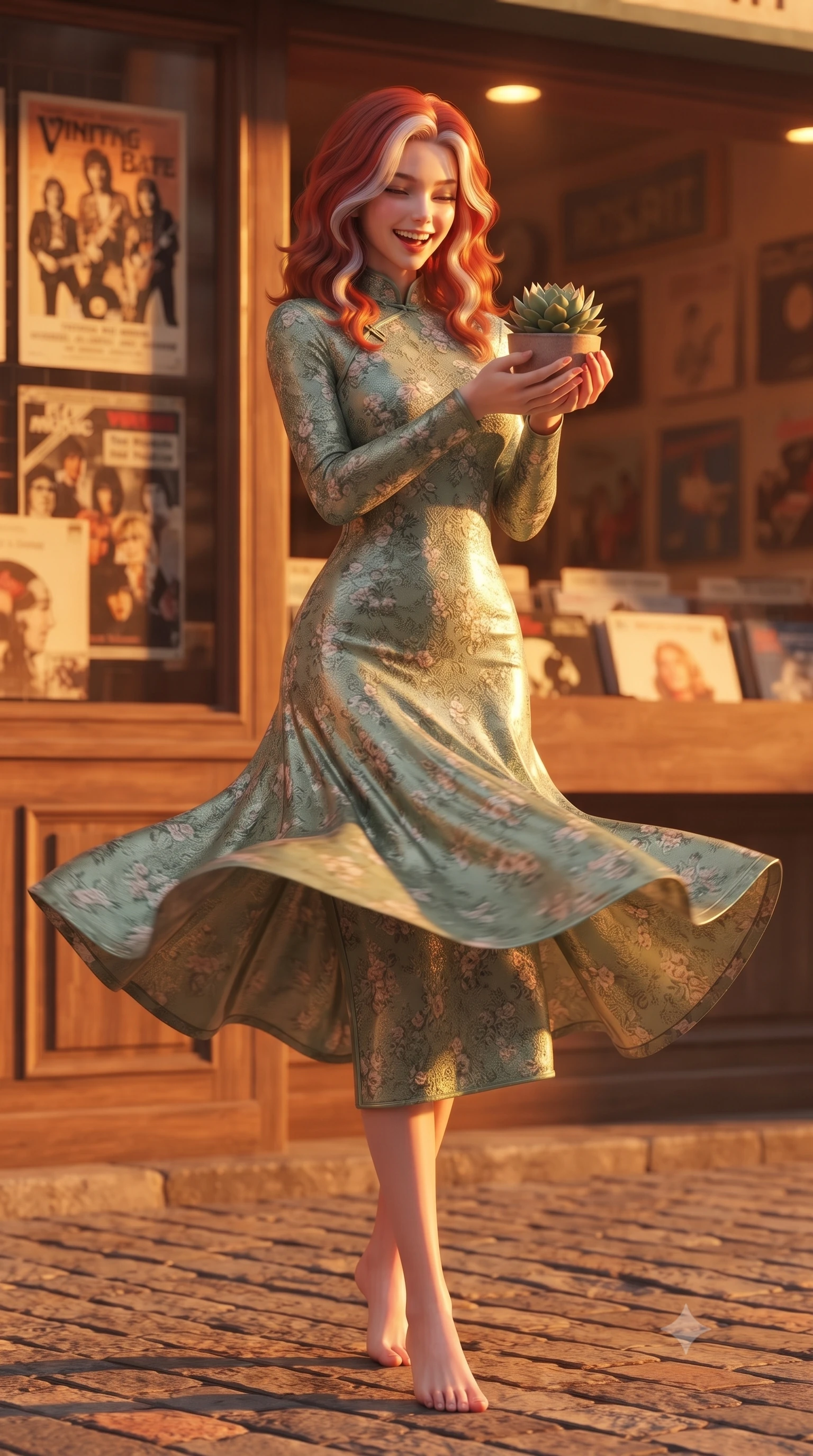 score_9, masterpiece, best quality, ultra-detailed, high-budget anime keyframe, editorial fashion photography, tasteful artistic composition, Caucasian woman. low angle full-body shot from head to toe showing her feet, filling the entire 9:16 vertical frame with her statuesque presence, stretching her vertical silhouette. twirling around with a playful, cute laugh, her skirt billowing beautifully in the air set against a soft-focus background of in front of a vintage vinyl record shop with retro music posters in the window holding a small potted succulent with a delighted, cute expression. She has an absolutely perfect, statuesque 8.5-heads proportion, an exceptionally tall and slender model-like female figure with impossibly long slender legs and an ultra-slim waist. sharp v-shaped jawline, high-bridge nose, intricate jewel-like eyes with depth, thick eyelashes, glossy lips with a natural sheen. wearing form-contouring lovely floral print midi dress in sage green, featuring a high collar and long sleeves. cozy golden hour sunset light painting the wooden shopfronts in orange. ultra-reflective glossy finish, specular highlights, metallic sheen, high-contrast stereoscopic depth, volumetric dynamic lighting, 2k, ultra detail, master piece, 9:16 ratio