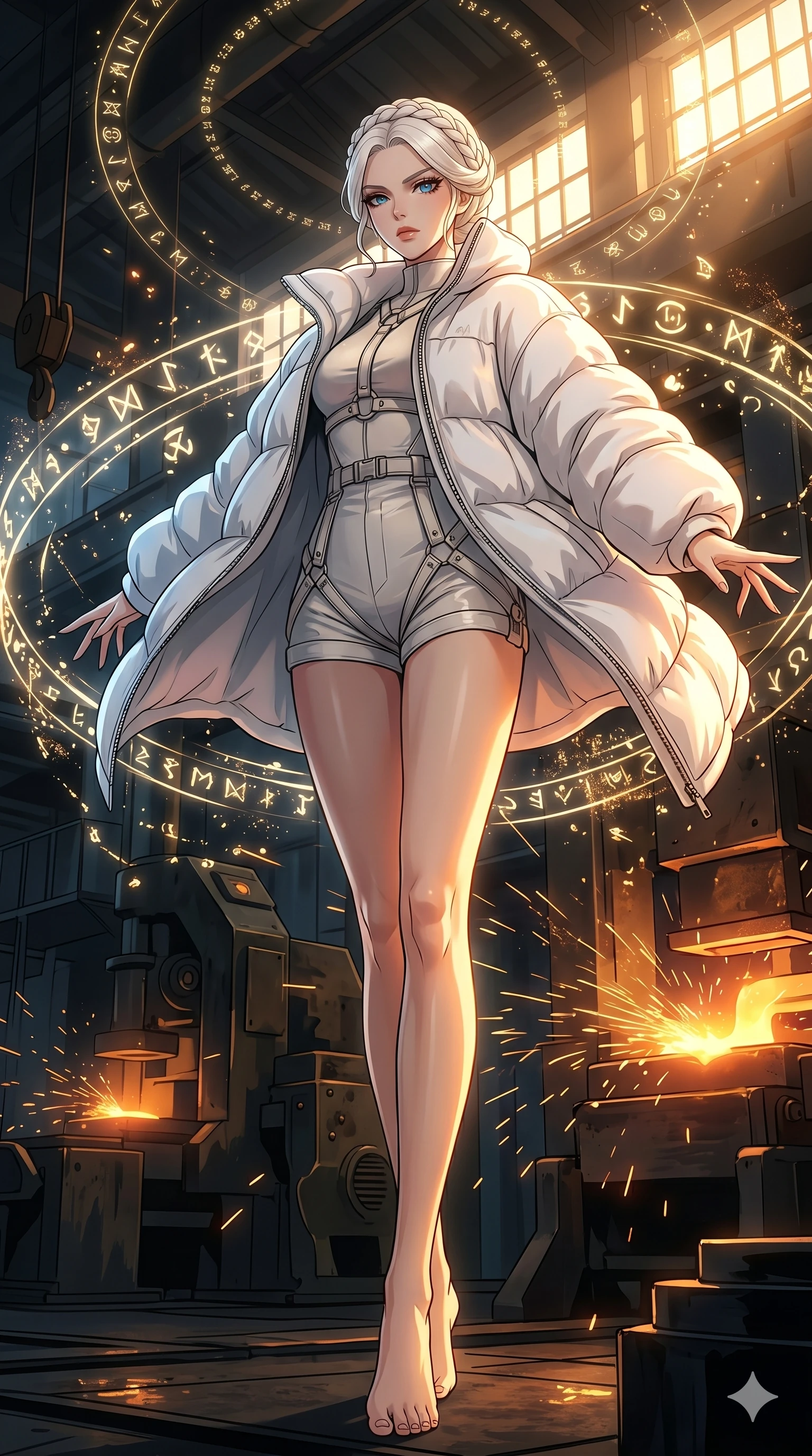 score_9, masterpiece, best quality, ultra-detailed, High-budget Anime Keyframe, vibrant colors, fluid line-art, expressive lighting, cinematic composition, Ufotable-style visual effects, top-tier animation quality, Korean woman with idol-like refined features. Dynamic full-body shot stretching the vertical silhouette, capturing her from a powerful low-angle perspective. Performing a high-speed mystical ritual in a temple of pure light, her body surrounded by orbiting golden runes and symbols. She has an absolutely perfect 8-heads proportion, an exceptionally tall and slender female figure with impossibly long slender legs and an ultra-slim waist, her statuesque height and towering silhouette dominating the vertical 9:16 frame. Her face is a masterpiece featuring a sharp v-shaped jawline, high-bridge nose, intricate jewel-like eyes with depth, thick eyelashes, and glossy lips with a natural sheen. She is wearing a Oversized puffer jacket worn over a micro-shorts and harness set, unzipped to reveal her chest crafted from Molten liquid mercury that flows and reflects the environment with metallic perfection, featuring a deep plunging neckline and delicate lace-up side details. The scene is set in a gritty industrial factory with glowing molten metal, flying sparks, and deep shadows, illuminated by golden hour sunlight that gives her skin a warm, radiant glow. 2k, ultra detail, master piece, 9:16 ratio