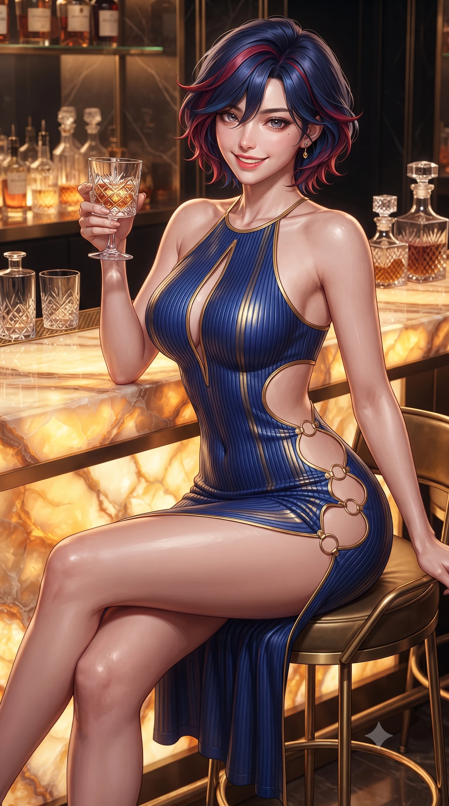 score_9, masterpiece, best quality, ultra-detailed, high-budget anime keyframe, editorial fashion photography, tasteful artistic composition, Korean woman. close-up cowboy shot from the waist and thighs up, the character dominates the composition, filling the frame with her large presence. leaning forward while arching her lower back to accentuate her curvy hips, looking into the camera with an intoxicating smoldering gaze and bedroom-eyes while sitting poised on the high brass barstool with legs crossed, arching her lower back to highlight her curvy hips as she toys with her cocktail. The surrounding environment is rendered in vivid detail and crisp panoramic clarity: sharp crystalline onyx stone veining relief, cut-crystal glass facets, and polished brass bar edging in deep focus. She has an exceptionally elegant, slender, and willowy female figure with an ultra-slim waist, flat toned midriff, narrow ribcage, and sculpted feminine hips creating an alluring, slim hourglass silhouette without bulk. sharp v-shaped jawline, high-bridge nose, intricate jewel-like sparkling eyes with depth, thick eyelashes, glossy parted lips with a natural peach sheen, bright cheerful beaming smile with an enchanting and coquettish sensual glint, exuding both youthful cute charm and seductive allure, flawlessly proportioned anatomical accuracy, strict slender model proportions, natural body alignment, perfectly sculpted long slender limbs, ultra-slim waistline, clean dynamic posture without body distortion. wearing a form-contouring ribbed knit halter dress with side-torso hourglass cutouts and a tasteful chest slit in Burj Arabian royal sapphire blue and molten gold, woven from buttery-soft stretch lambskin leather adhering to her body like a second skin, finished with fine gold ring clasps securing the daring side openings along her hip line, the form-contouring silhouette accentuating her sculpted flat midriff, narrow delicate ribcage, and gracefully curvy hips with intoxicating allure. bathed in the rich, radiant warm-amber under-glow of the backlit translucent onyx slab. ultra-reflective glossy finish, specular highlights, rich textural contrasts, high-contrast stereoscopic depth, volumetric dynamic lighting, 2k, ultra detail, master piece, 9:16 ratio