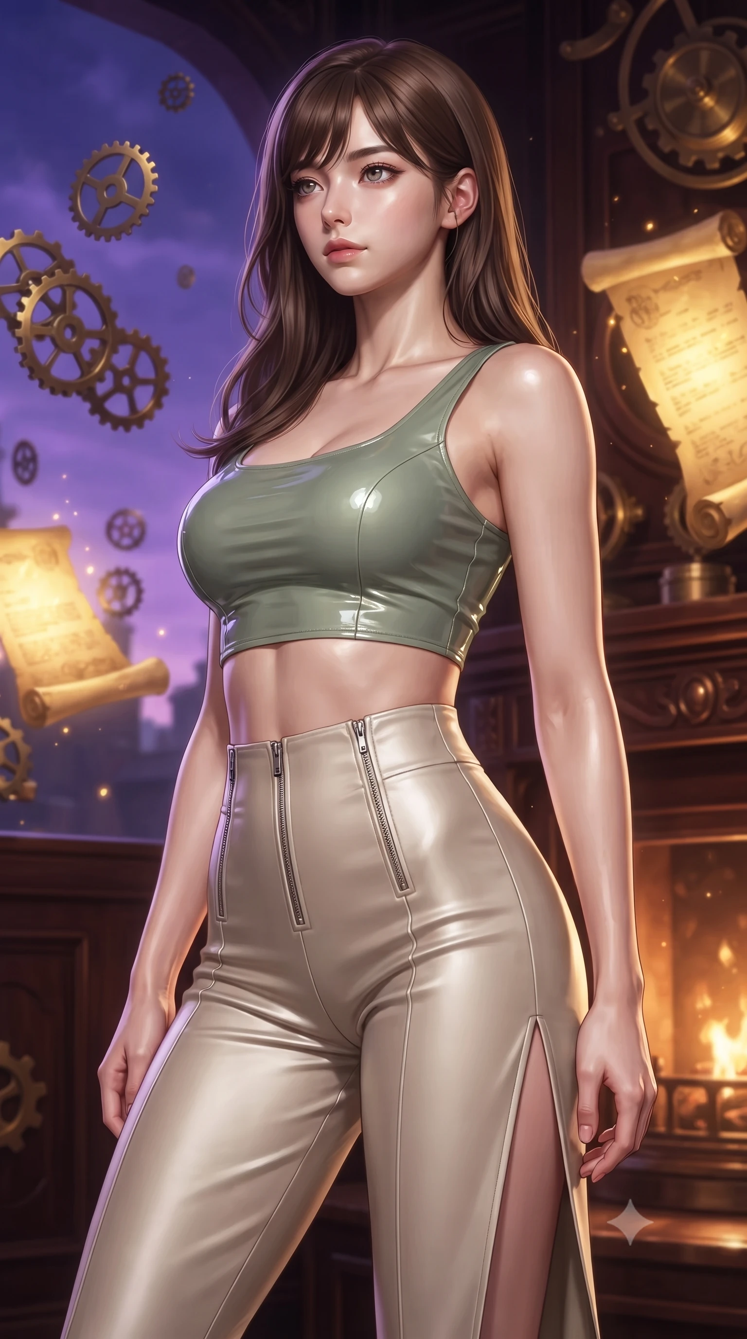 score_9, masterpiece, best quality, ultra-detailed, high-budget anime keyframe, editorial fashion photography, tasteful artistic composition, Korean woman. close-up cowboy shot from the waist and thighs up, the character dominates the composition, filling the frame with her large presence, background elements kept in soft focus. Gazing past the camera with an air of effortless elegance and mysterious confidence surrounded by floating antique brass gears and glowing golden parchment scrolls, rich mahogany and polished bronze textures reflecting warm hearth light. She has an exceptionally elegant, slender, and willowy female figure with an ultra-slim waist, a gracefully sculpted slender torso, and a refined silhouette. sharp v-shaped jawline, high-bridge nose, intricate jewel-like eyes with depth, thick eyelashes, glossy lips with a natural sheen. wearing a glossy vinyl crop top and high-waist tailored leggings with sleek zippers in sage green and oatmeal, crafted from lustrous satin jersey with fluid draping, finished with a sleek side slit ascending to mid-thigh, the tailored fabric tightly following every curve of her athletic build. lit by a contrast of deep violet sky and radiant golden mechanical light. ultra-reflective glossy finish, specular highlights, metallic sheen, high-contrast stereoscopic depth, volumetric dynamic lighting, 2k, ultra detail, master piece, 9:16 ratio