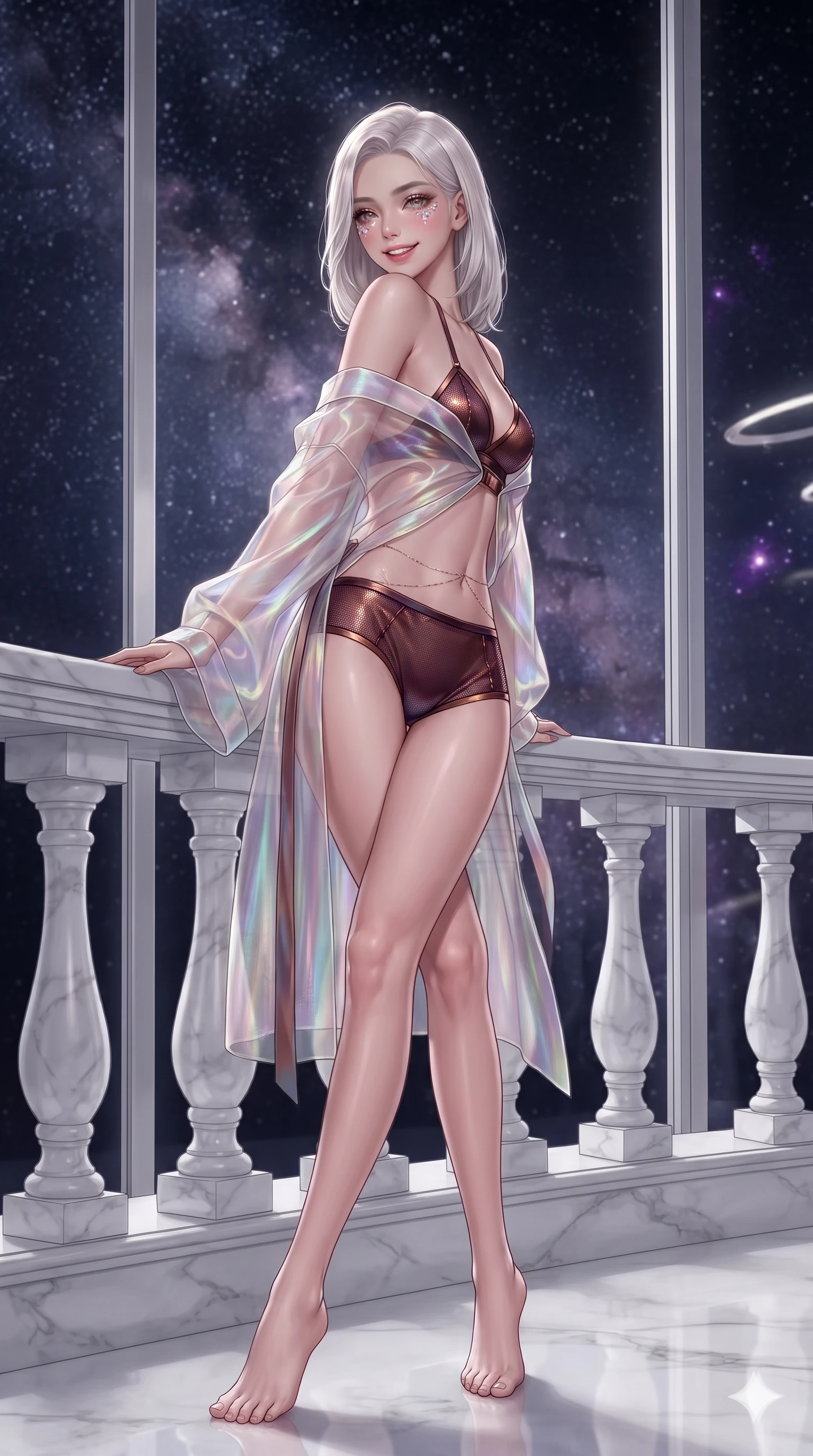 score_9, masterpiece, best quality, ultra-detailed, high-budget anime keyframe, editorial fashion photography, tasteful artistic composition, Korean woman. low angle full-body shot from head to toe showing her feet, filling the entire 9:16 vertical frame with her statuesque presence, stretching her vertical silhouette. posing in a classic haute-couture S-curve stance beside the floor-to-ceiling window, looking over a bare shoulder with magnetic presence while leaning against the carved marble balustrade with hips cocked back, looking through the deep midnight void at dense star clusters with intoxicating smoldering bedroom-eyes. The background shows a soft-focus concentric levitating platinum rings, dense Milky Way star clouds, and distant purple emission nebulae blurred into diamond, platinum, and sapphire bokeh. She has an exceptionally tall and slender model-like 8.5-heads proportion, an ultra-slim waist, a flat toned midriff, narrow delicate ribcage, and beautifully sculpted feminine hips creating a graceful, slim hourglass silhouette without any bulky heaviness, with impossibly long slender legs. sharp v-shaped jawline, high-bridge nose, intricate jewel-like sparkling eyes with depth, thick eyelashes, glossy parted lips with a natural peach sheen, bright cheerful beaming smile with an enchanting and coquettish sensual glint, exuding both youthful cute charm and seductive allure, flawlessly proportioned anatomical accuracy, strict slender model proportions, natural body alignment, perfectly sculpted long slender limbs, ultra-slim waistline, clean dynamic posture without body distortion. wearing a translucent iridescent organza kimono robe slipping off bare shoulders over a matching satin micro-bralette and micro-shorts in deep burgundy and bronze accents, crafted from stretch micro-mesh with liquid foil coating that shimmers with every movement, accented with a dainty gold belly chain resting across her flat midriff and curving hips, the glove-like clinging cut tightly following the natural contour of her hips and long slender legs with youthful 8.5-heads elegance. illuminated by white marble floor bounce and sharp diamond-platinum rim lights defining her razor-sharp jawline, narrow waist, and curvy hips. ultra-reflective glossy finish, specular highlights, rich textural contrasts, high-contrast stereoscopic depth, volumetric dynamic lighting, 2k, ultra detail, master piece, 9:16 ratio