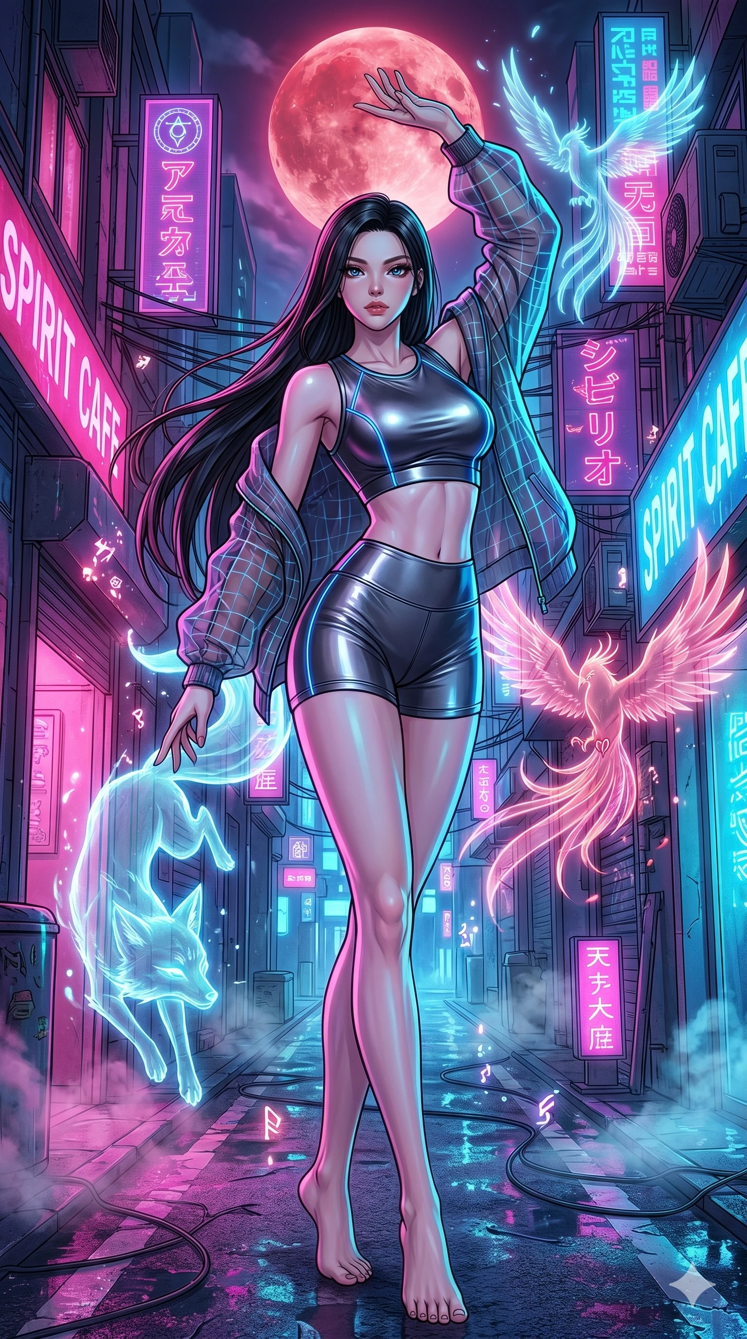 score_9, masterpiece, best quality, ultra-detailed, high-budget anime movie keyframe, cinematic anime lighting, intricate line art, Japanese woman. Dynamic full-body shot stretching the vertical silhouette across the 9:16 frame. summoning mystical spirits in a neon-lit cyberpunk alleyway under a blood moon. She has an absolutely perfect 8-heads proportion, an exceptionally tall and slender female figure with an ultra-slim waist and impossibly long slender legs. sharp v-shaped jawline, high-bridge nose, intricate jewel-like eyes, thick eyelashes, glossy lips. Wearing premium athleisure set with a metallic-finish compression top, high-cut yoga shorts that accentuate her long legs, and a sheer oversized hoodie. The scene is illuminated by dramatic atmospheric lighting and vibrant color palettes. , 2k, ultra detail, master piece, 9:16 ratio