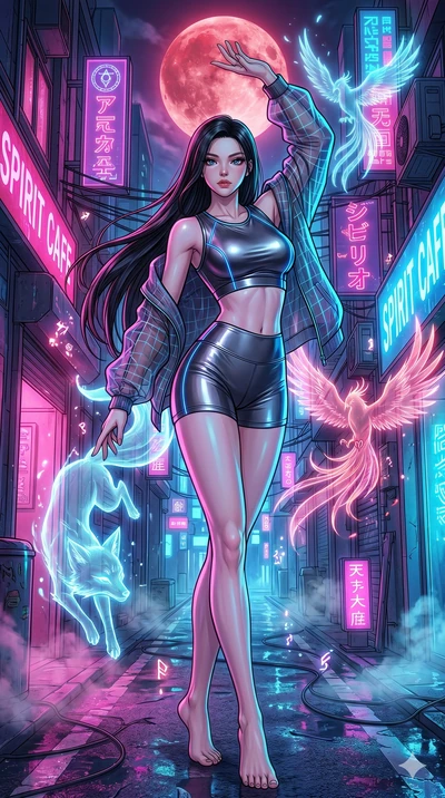 score_9, masterpiece, best quality, ultra-detailed, high-budget anime movie keyframe, cinematic anime lighting, intricate line art, Japanese woman. Dynamic full-body shot stretching the vertical silhouette across the 9:16 frame. summoning mystical sp