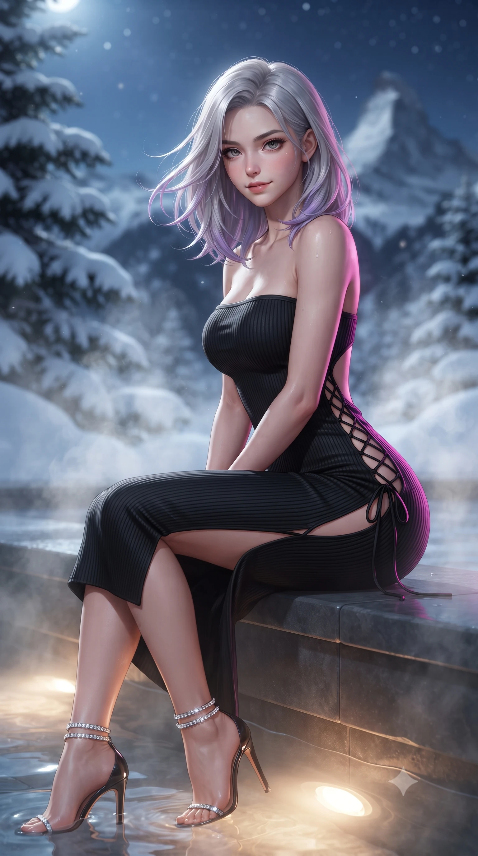 score_9, masterpiece, best quality, ultra-detailed, high-budget anime keyframe, editorial fashion photography, tasteful artistic composition, Caucasian woman. close-up cowboy shot from the waist and thighs up, the character dominates the composition, filling the frame with her large presence. turning slowly with an enchanting smoldering smile, her glossy hair tossing in the breeze as her hips angle gracefully in a captivating contrapposto while sitting poised on the submerged smooth basalt ledge of the outdoor hot spring, arching her spine with wet-look siren grace amid billowing mineral steam. The background shows a soft-focus billowing thermal steam clouds, heavy snowdrifts on dark pine branches, and distant jagged Matterhorn peaks blurred into slate blue, ivory, and starlight bokeh. She has an exceptionally elegant, slender, and willowy female figure with an ultra-slim waist, flat toned midriff, narrow ribcage, and sculpted feminine hips creating an alluring, slim hourglass silhouette without bulk. sharp v-shaped jawline, high-bridge nose, sparkling eyes with hypnotic seductive depth, thick curled eyelashes, glossy parted lips with a natural dewy peach sheen, alluring bedroom-eyes with an enchanting coquettish smile, exuding magnetic siren charisma and sophisticated glamour, flawlessly proportioned anatomical accuracy, strict slender model proportions, natural body alignment, perfectly sculpted long slender limbs, ultra-slim waistline, clean dynamic posture without body distortion. wearing a form-contouring ribbed knit tube dress with subtle side-lace ties tracing the curve of her hips in wet-look onyx black with electric magenta reflections, tailored from ultra-plush velvet with rich tactile depth and deep shadow gradients, complemented by strappy stiletto sandals with crystal ankle wraps accentuating her slender calves, the precision-cut side openings and low-back scoop framing her graceful spine and the sensual sweep of her slim, toned hips. bathed in warm 3000K underwater thermal pool illumination contrasting with crisp blue polar moonlight. ultra-reflective glossy finish, specular highlights, rich textural contrasts, high-contrast stereoscopic depth, volumetric dynamic lighting, 2k, ultra detail, master piece, 9:16 ratio
