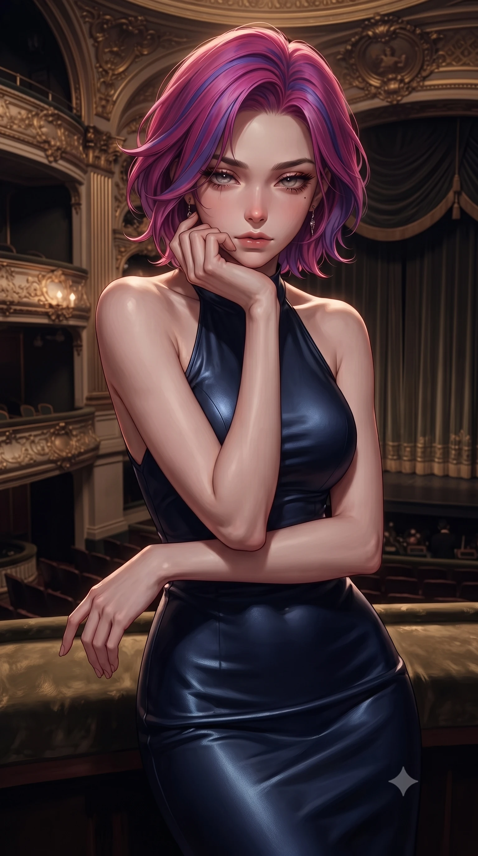 score_9, masterpiece, best quality, ultra-detailed, high-budget anime keyframe, editorial fashion photography, tasteful artistic composition, Caucasian woman. close-up cowboy shot from the waist and thighs up, the character dominates the composition, filling the frame with her large presence, background elements kept in soft focus. resting her chin on the backs of her fingers, casting a heavy-lidded, sultry look past the camera the background shows a soft-focus a vintage theater balcony with gold trim, looking down at a grand curtain. She has an exceptionally elegant, slender, and willowy female figure with an ultra-slim waist, a gracefully sculpted slender torso, and a refined silhouette. sharp v-shaped jawline, high-bridge nose, intricate jewel-like eyes with depth, thick eyelashes, glossy lips with a natural sheen. wearing a tailored form-fitting halter dress in deep navy blue, contouring her athletic, slender build. warm candlelight casting dramatic shadows on the ornate wooden carvings. ultra-reflective glossy finish, specular highlights, metallic sheen, high-contrast stereoscopic depth, volumetric dynamic lighting, 2k, ultra detail, master piece, 9:16 ratio