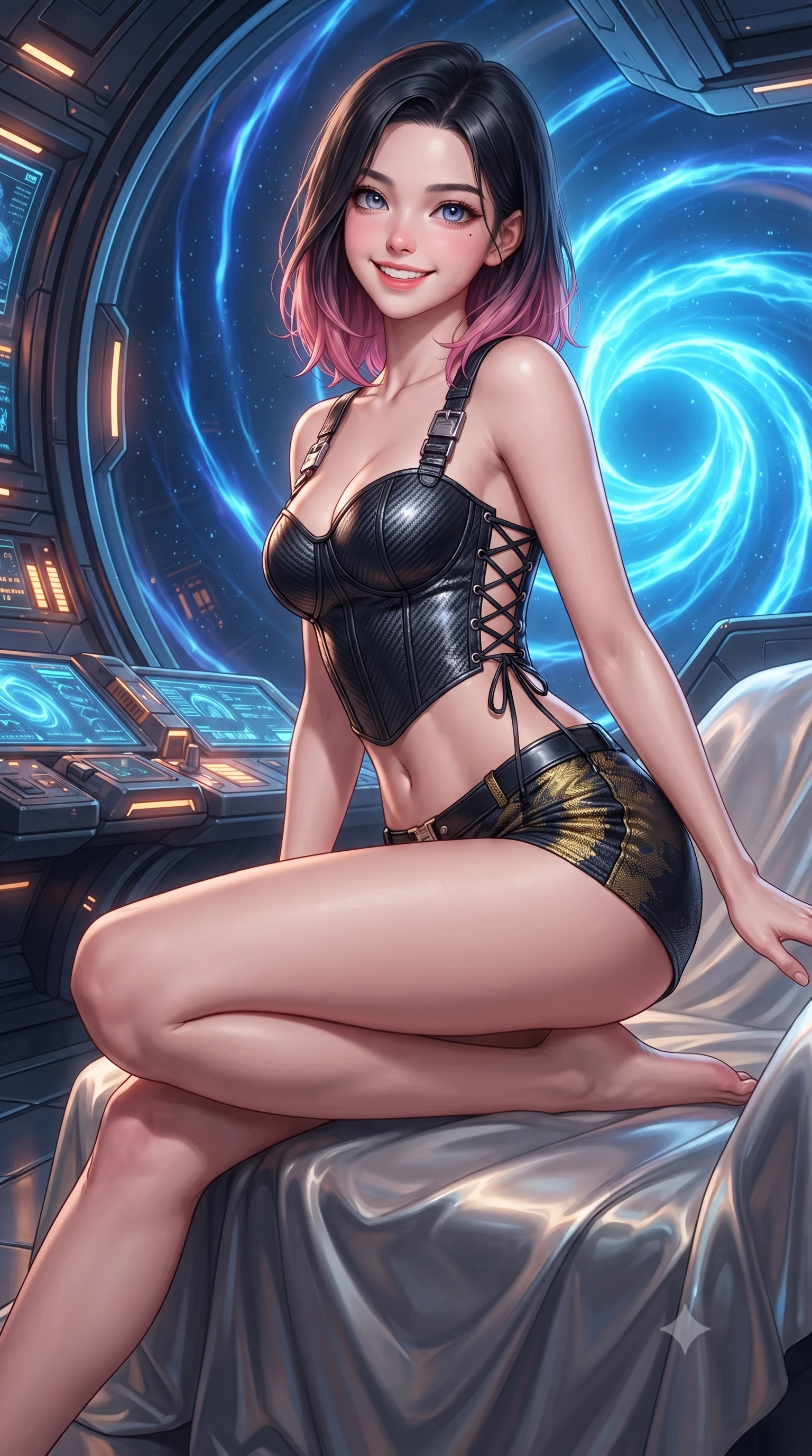 score_9, masterpiece, best quality, ultra-detailed, high-budget anime keyframe, editorial fashion photography, tasteful artistic composition, Korean woman. close-up cowboy shot from the waist and thighs up, the character dominates the composition, filling the frame with her large presence. perched sideways on the lounge seat, one knee drawn up to showcase her slender leg line while her arched back accentuates her feminine hip curve while standing poised inside the spherical smart-glass observatory at the core of the antimatter ion drive, arching her lower back with sovereign supermodel poise as electric-sapphire plasma spirals curl outside. The surrounding environment is rendered in vivid detail and crisp panoramic clarity: detailed bespoke fashion tailoring, liquid silk drape, and world-class interstellar yacht architecture in razor-sharp precision. She has an exceptionally elegant, slender, and willowy female figure with an ultra-slim waist, flat toned midriff, narrow ribcage, and sculpted feminine hips creating an alluring, slim hourglass silhouette without bulk. sharp v-shaped jawline, high-bridge nose, intricate jewel-like sparkling eyes with depth, thick eyelashes, glossy parted lips with a natural peach sheen, bright cheerful beaming smile with an enchanting and coquettish sensual glint, exuding both youthful cute charm and seductive allure, flawlessly proportioned anatomical accuracy, strict slender model proportions, natural body alignment, perfectly sculpted long slender limbs, ultra-slim waistline, clean dynamic posture without body distortion. wearing a sculpted carbon-fiber underwire crop corset with tactical buckle straps paired with low-rise micro shorts in solar-wind gold and deep space void black, woven from structured carbon-fiber jacquard with rich textural depth, featuring fine criss-cross lace-up side ties revealing tantalizing glimpses of her hip curve, the liquid-tight tailored fabric clinging flawlessly to her narrow waist and rounded feminine hips, emphasizing every millimeter of her sculpted slim hourglass curves without any bulky heaviness. bathed in the glowing monochromatic radiance of electric-sapphire ion plasma mixed with warm 2800K console edge lights. ultra-reflective glossy finish, specular highlights, rich textural contrasts, high-contrast stereoscopic depth, volumetric dynamic lighting, 2k, ultra detail, master piece, 9:16 ratio