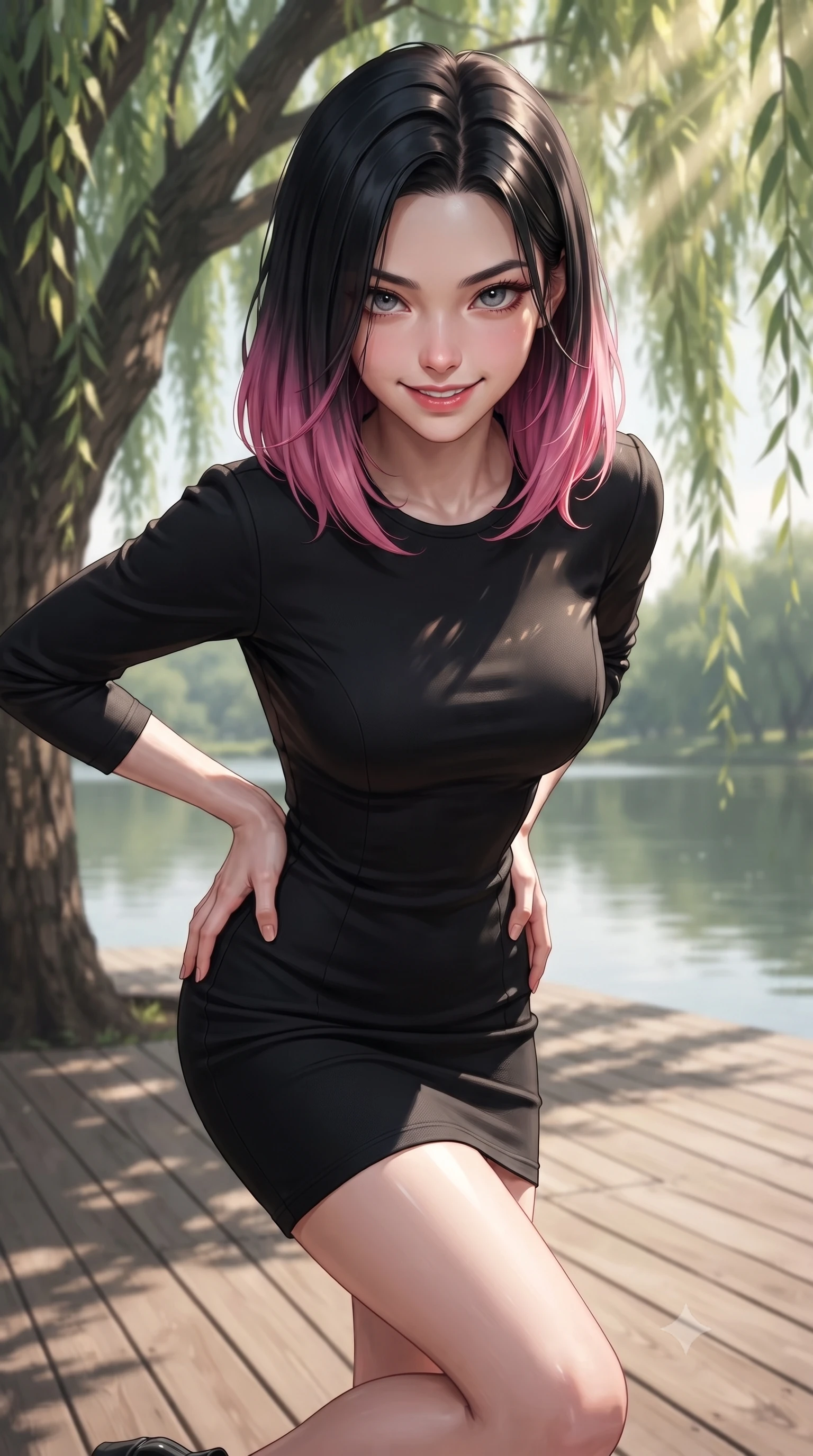 score_9, masterpiece, best quality, ultra-detailed, high-budget anime keyframe, editorial fashion photography, tasteful artistic composition, Korean woman woman. close-up cowboy shot from the waist and thighs up, the character dominates the composition, filling the frame with her large presence, background elements kept in soft focus. leaning slightly forward with a playful, teasing smile, her gaze locked onto the viewer the background shows a soft-focus a wooden deck under a large willow tree next to a calm lake. She has an exceptionally elegant, slender, and willowy female figure with an ultra-slim waist, a gracefully sculpted slender torso, and a refined silhouette. sharp v-shaped jawline, high-bridge nose, intricate jewel-like eyes with depth, thick eyelashes, glossy lips with a natural sheen. wearing a slim-fit form-fitting black bodycon dress in structured crepe fabric with a simple crew neck. dappled sunbeams filtering through the willow leaves onto the grass. ultra-reflective glossy finish, specular highlights, metallic sheen, high-contrast stereoscopic depth, volumetric dynamic lighting, 2k, ultra detail, master piece, 9:16 ratio