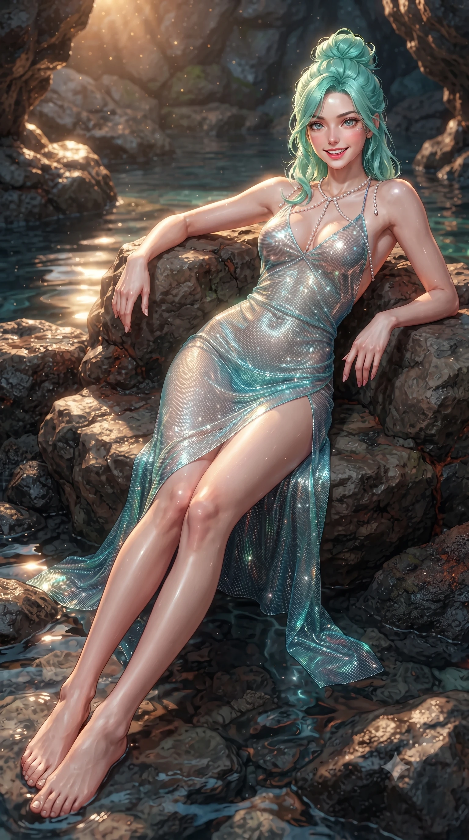 score_9, masterpiece, best quality, ultra-detailed, high-budget anime keyframe, editorial fashion photography, tasteful artistic composition, Japanese woman. low angle full-body shot from head to toe showing her feet, filling the entire 9:16 vertical frame with her statuesque presence, stretching her vertical silhouette. leaning deep against the balcony balustrade with hips cocked back in an unapologetically alluring high-fashion stance, casting an intoxicating glance while lounging back into the natural rock seat propped on one elbow with legs extended, her statuesque hourglass silhouette commanding the grotto. The surrounding environment is rendered in vivid detail and crisp panoramic clarity: sharp wet volcanic basalt crevices, water ripple reflections on stone, and mineral crust textures in deep focus. She has an exceptionally tall and slender model-like 8.5-heads proportion, an ultra-slim waist, a flat toned midriff, narrow delicate ribcage, and beautifully sculpted feminine hips creating a graceful, slim hourglass silhouette without any bulky heaviness, with impossibly long slender legs. sharp v-shaped jawline, high-bridge nose, intricate jewel-like sparkling eyes with depth, thick eyelashes, glossy parted lips with a natural peach sheen, bright cheerful beaming smile with an enchanting and coquettish sensual glint, exuding both youthful cute charm and seductive allure, flawlessly proportioned anatomical accuracy, strict slender model proportions, natural body alignment, perfectly sculpted long slender limbs, ultra-slim waistline, clean dynamic posture without body distortion. wearing an alluring backless sheer holographic mesh slip dress with high thigh slit clinging smoothly to her dewy skin in Mediterranean bioluminescent teal and radiant pearl, woven from stretch metallic lurex jersey casting radiant starlight glints across her curves, accented with a pearl-drop body harness subtly framing her dewy collarbones and spine, the form-contouring silhouette accentuating her sculpted flat midriff, narrow delicate ribcage, and gracefully curvy hips with intoxicating allure. illuminated by thermal spring caustics bounce and sharp flame-gold rim lights sculpting her jawline, narrow waist, and curvy hips. ultra-reflective glossy finish, specular highlights, rich textural contrasts, high-contrast stereoscopic depth, volumetric dynamic lighting, 2k, ultra detail, master piece, 9:16 ratio