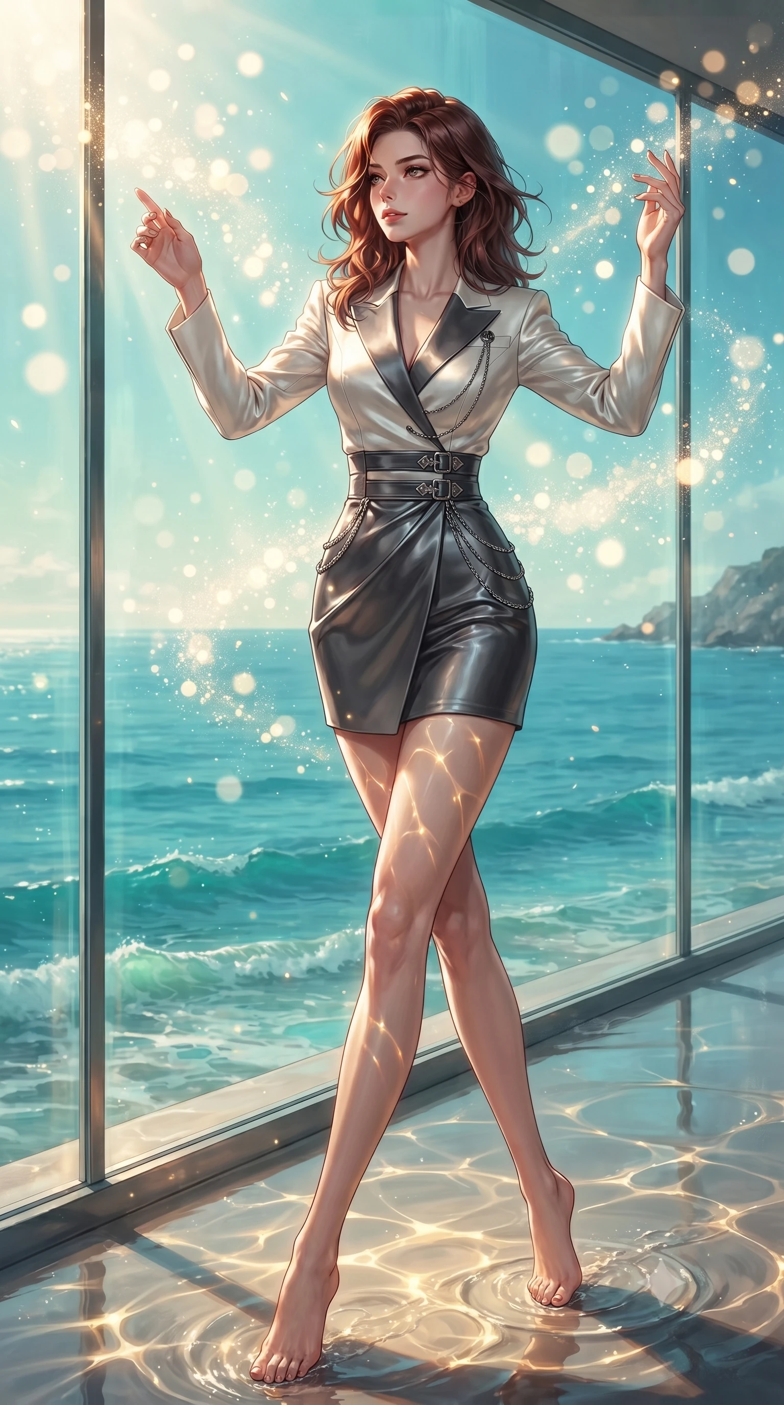 score_9, masterpiece, best quality, ultra-detailed, high-budget anime keyframe, editorial fashion photography, tasteful artistic composition, Korean woman. low angle full-body shot from head to toe showing her feet, filling the entire 9:16 vertical frame with her statuesque presence, stretching her vertical silhouette. interacting with glowing light particles, her long slender legs poised in motion, resting near a glass bay wall as gentle ocean waves cast dynamic caustic patterns, golden sunbeams penetrating turquoise ocean water creating caustic light webs. She has an absolutely perfect, statuesque 8.5-heads proportion, an exceptionally tall and slender model-like female figure with impossibly long slender legs and an ultra-slim waist. sharp v-shaped jawline, high-bridge nose, intricate jewel-like eyes with depth, thick eyelashes, glossy lips with a natural sheen. wearing tailored ivory tux dress with satin lapels and fitted waist in dark charcoal gray, made of liquid dark mercury jersey, framed by dark titanium buckles and silver chain details, sculpting her athletic slender build with refined precision. illuminated by golden caustic water rays and bright turquoise sea light. ultra-reflective glossy finish, specular highlights, metallic sheen, high-contrast stereoscopic depth, volumetric dynamic lighting, 2k, ultra detail, master piece, 9:16 ratio