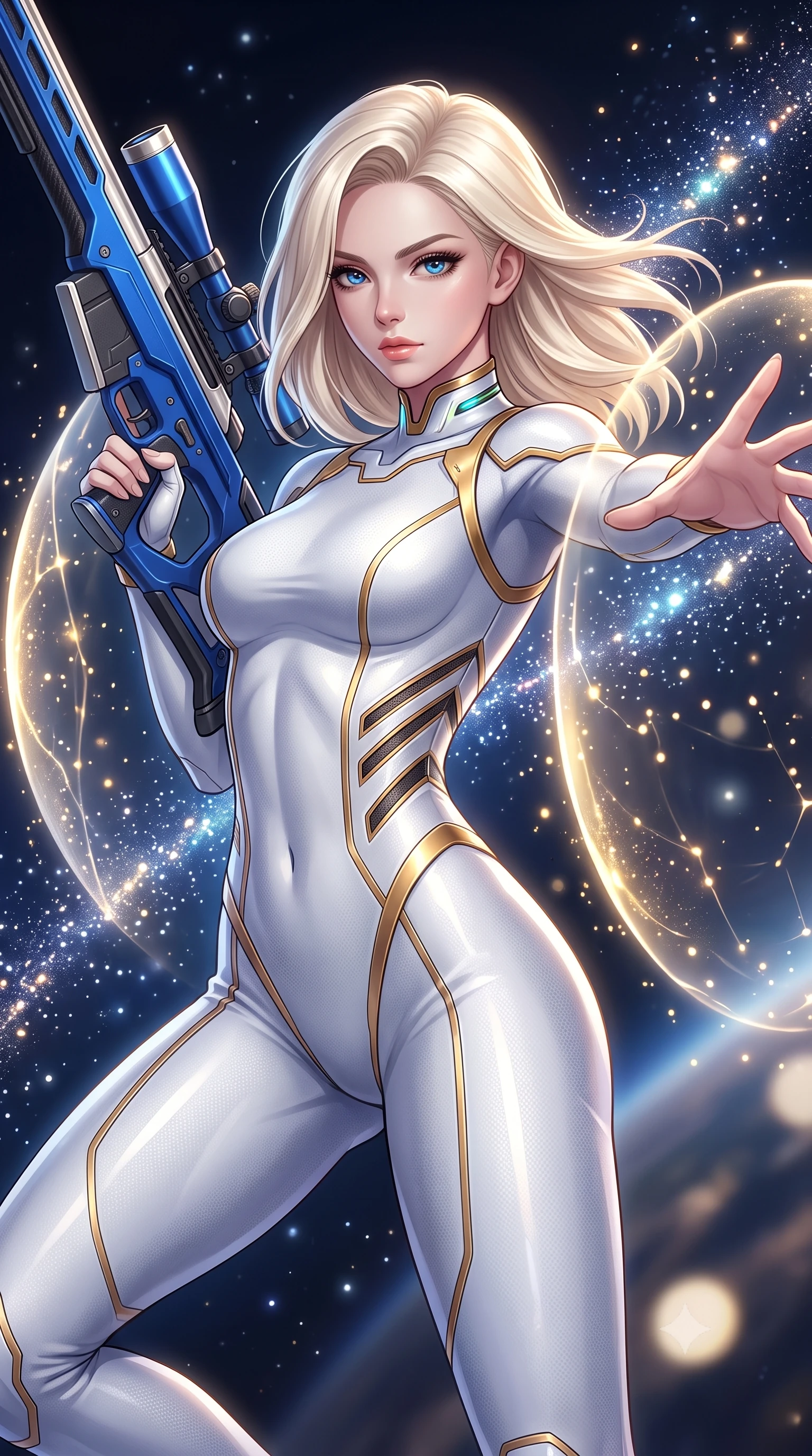 score_9, masterpiece, best quality, ultra-detailed, high-budget anime keyframe, semi-realistic 3D game render, editorial fashion photography, tasteful artistic composition, Caucasian woman. close-up cowboy shot from the waist and thighs up, the character dominates the composition, filling the frame with her large presence. twisting her upper body in a dynamic S-curve combat stance, one hand steadying her weapon with commanding supermodel allure while pivoting dynamically in zero-gravity with arms outstretched as the translucent energy shields pulse with golden particle light. The composition keeps background elements in soft focus with creamy bokeh. sparkling quantum particle trails scattering celestial radiance across a deep space backdrop. She has an exceptionally elegant, slender, and willowy female figure with an ultra-slim waist, a gracefully sculpted slender torso, toned flat midriff, and a refined slim silhouette. sharp v-shaped jawline, high-bridge nose, intricate jewel-like eyes with depth, thick eyelashes, glossy lips with a natural sheen, flawlessly proportioned anatomical accuracy, strict slender model proportions, natural body alignment, perfectly sculpted long slender limbs, ultra-slim waistline, clean dynamic posture without body distortion. wearing a form-contouring arctic white carbon-composite battle-suit with solar gold trim and diagonal midriff vents, aiming a precision carbon-fiber railgun sniper rifle with divine focus in electric cobalt blue carbon with polished platinum trim, tailored from flexible second-skin carbon-mesh that clings flawlessly to her athletic curves, featuring a sleek aerodynamic collar framed by subtle glowing cybernetic status LEDs, the liquid-tight tailored fabric emphasizing every curve of her tall, slender model proportions and sculptured silhouette during dynamic movement. surrounded by an awe-inspiring, supreme, and radiantly transcendent cosmic guardian goddess aura. rich saturated anime colors with glowing neon highlights, detailed shading with soft gradients, rich glossy textures, high-contrast stereoscopic depth, volumetric dynamic lighting, master piece, 9:16 ratio