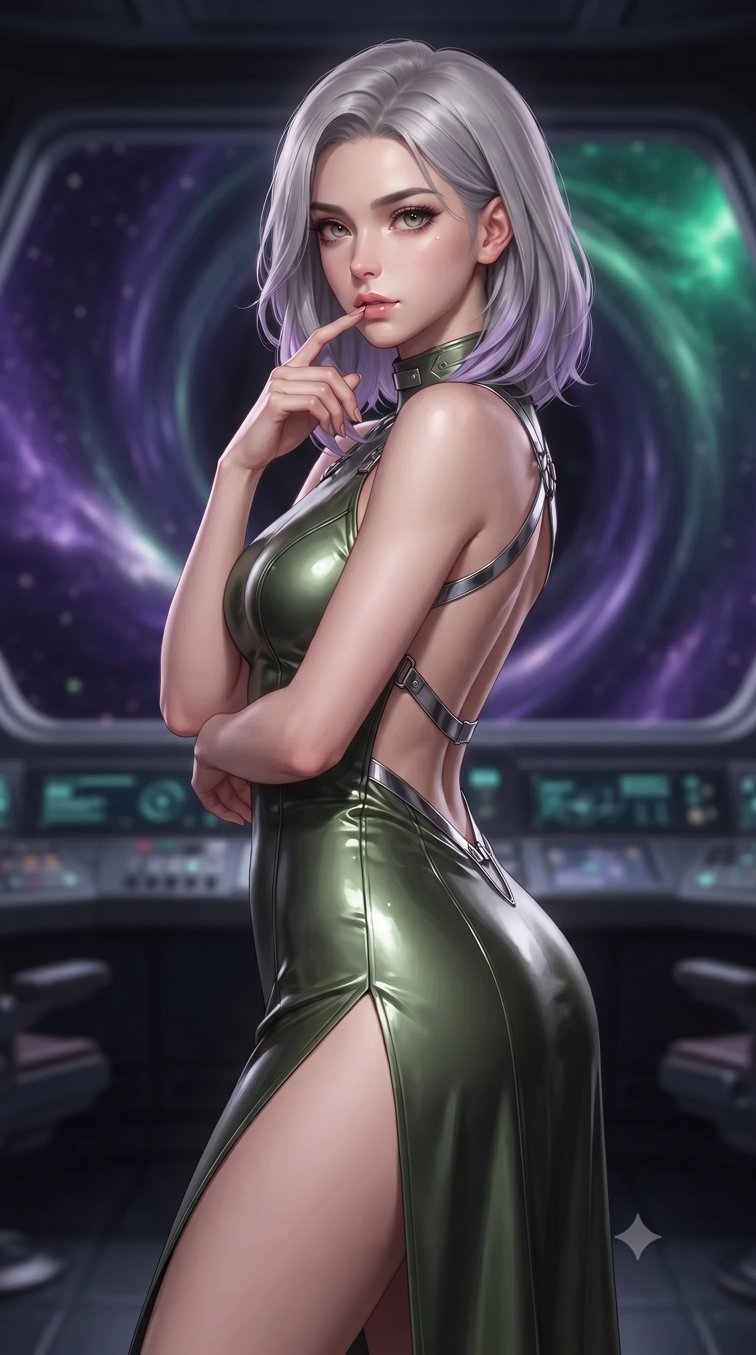 score_9, masterpiece, best quality, ultra-detailed, high-budget anime keyframe, editorial fashion photography, tasteful artistic composition, Caucasian woman. close-up cowboy shot from the waist and thighs up, the character dominates the composition, filling the frame with her large presence, background elements kept in soft focus. pressing one finger to her bottom lip in a thoughtful, composed gesture, locking eyes with the viewer, the background shows a soft-focus the control bridge of a singularity cruiser with a panoramic window showing warps. She has an exceptionally elegant, slender, and willowy female figure with an ultra-slim waist, a gracefully sculpted slender torso, and a refined silhouette. sharp v-shaped jawline, high-bridge nose, intricate jewel-like eyes with depth, thick eyelashes, glossy lips with a natural sheen. wearing a body-hugging dramatic open-back maxi combat dress in olive green, featuring a high thigh slit and chrome straps. the deep violet and emerald hues of a cosmic singularity bending the light. ultra-reflective glossy finish, specular highlights, metallic sheen, high-contrast stereoscopic depth, volumetric dynamic lighting, 2k, ultra detail, master piece, 9:16 ratio