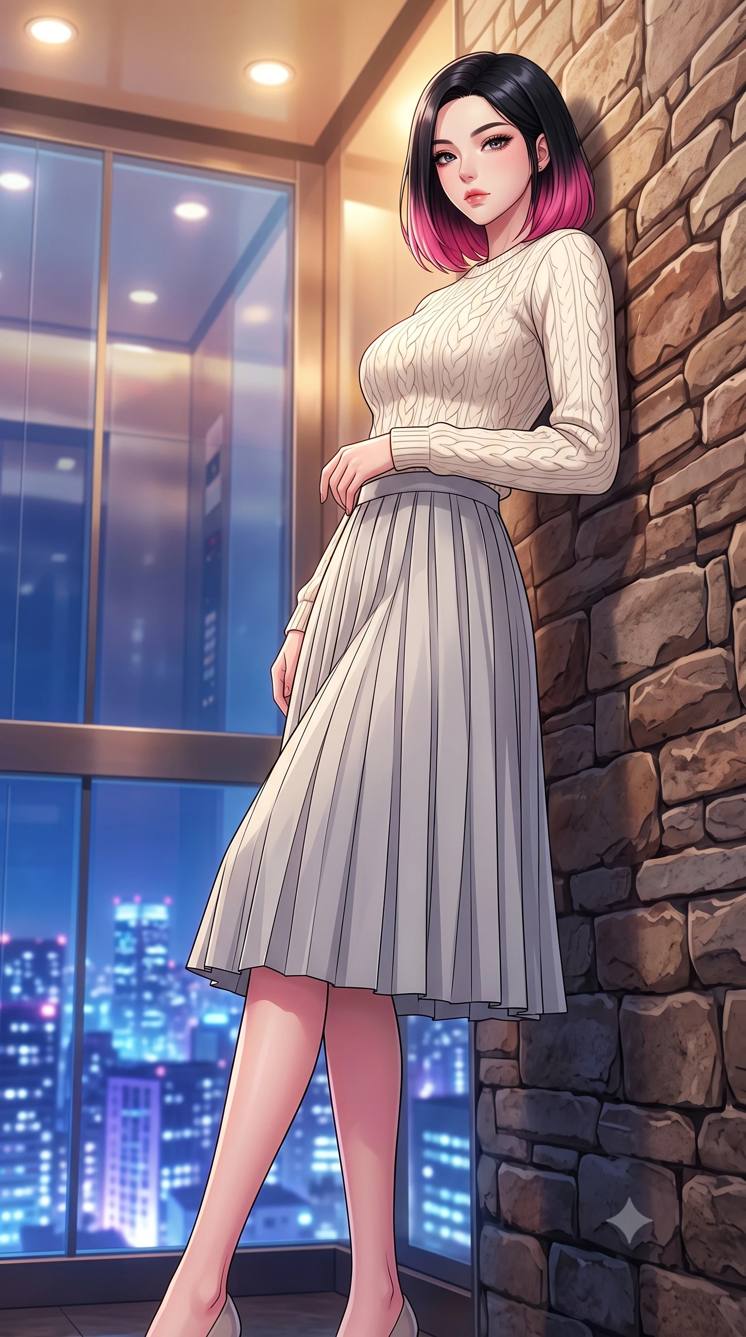 score_9, masterpiece, best quality, ultra-detailed, high-budget anime keyframe, tasteful artistic composition, Korean woman. low angle full-body shot from head to toe showing her feet, filling the entire 9:16 vertical frame with her statuesque presence, stretching her vertical silhouette. leaning back against a rustic stone wall, casting a slow, alluring gaze at the camera the background shows a soft-focus a high-rise vehicle elevator with glass walls showing the city lights below. She has an absolutely perfect, statuesque 8.5-heads proportion, an exceptionally tall and slender model-like female figure with impossibly long slender legs and an ultra-slim waist. sharp v-shaped jawline, high-bridge nose, intricate jewel-like eyes with depth, thick eyelashes, glossy lips with a natural sheen. wearing a tailored cozy cable-knit sweater in ivory, paired with a pleated light grey midi skirt. glittering blue and violet city skyline lights contrasting with warm elevator lights. highly saturated vibrant anime colors, cel-shading, 2d style, master piece, 9:16 ratio