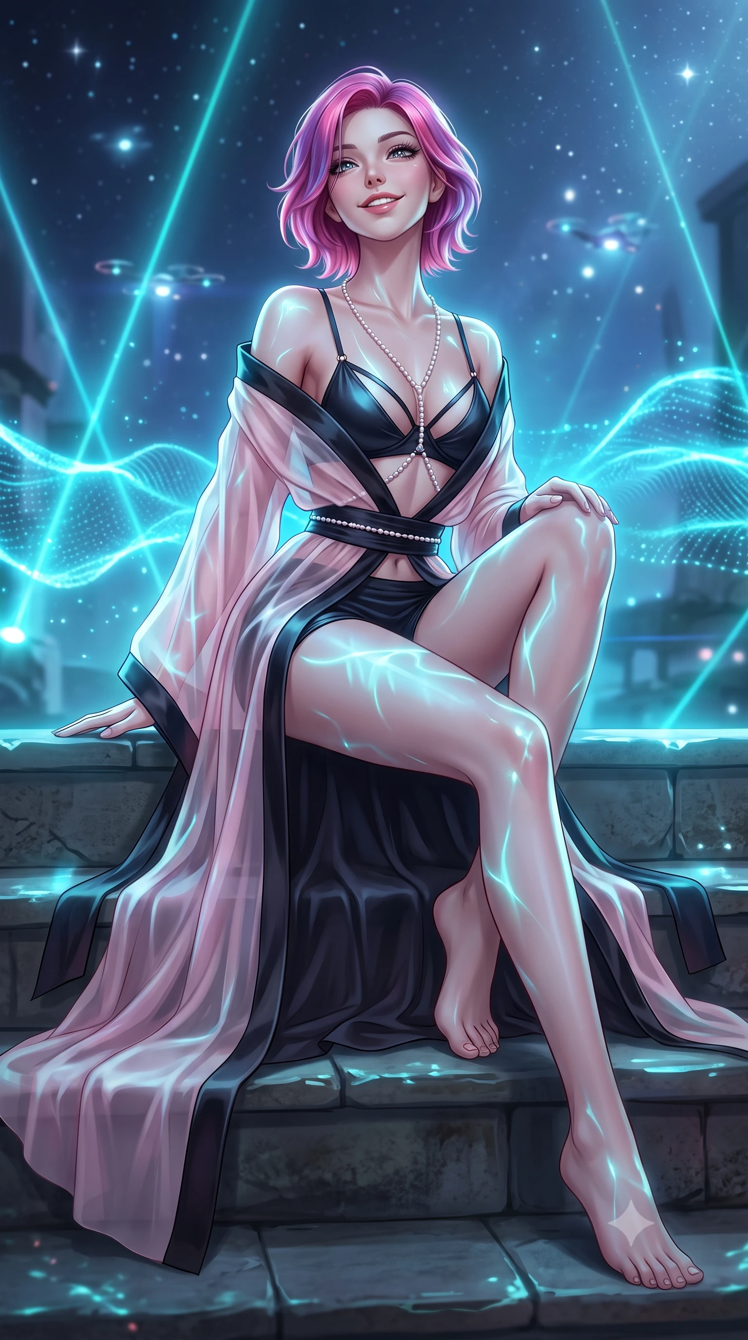score_9, masterpiece, best quality, ultra-detailed, high-budget anime keyframe, semi-realistic 3D game render, editorial fashion photography, tasteful artistic composition, Caucasian woman. low angle full-body shot from head to toe showing her feet, filling the entire 9:16 vertical frame with her statuesque presence, stretching her vertical silhouette. sitting poised on the stone steps with one knee bent, arching her spine with supermodel elegance as she glances upward through thick eyelashes while twisting her slender torso in an alluring contrapposto stance, shimmering cyan laser caustics and bioluminescent waves tracing her narrow waist and hips. The background shows a soft-focus suspended glowing micro-drone lights softened in futuristic solarium shallow focus. She has an exceptionally tall and slender model-like 8.5-heads proportion, an ultra-slim waist, a flat toned midriff, narrow delicate ribcage, and beautifully sculpted feminine hips creating a graceful, slim hourglass silhouette without any bulky heaviness, with impossibly long slender legs. sharp v-shaped jawline, high-bridge nose, intricate jewel-like sparkling eyes with depth, thick eyelashes, glossy parted lips with a natural peach sheen, bright cheerful beaming smile with an enchanting and coquettish sensual glint, exuding both youthful cute charm and seductive allure, flawlessly proportioned anatomical accuracy, strict slender model proportions, natural body alignment, perfectly sculpted long slender limbs, ultra-slim waistline, clean dynamic posture without body distortion. wearing an ethereal translucent silk chiffon yukata robe slipping off bare shoulders over a strappy underwire bralette and micro-shorts in Kyoto moonlit sakura blush and polished urushi black, made of fluid liquid jersey with seamless sculpting hold and smooth contours, accented with a pearl-drop body harness subtly framing her dewy collarbones and spine, the glove-like clinging cut tightly following the natural contour of her hips and long slender legs with youthful 8.5-heads elegance. bathed in the dramatic cyan-and-magenta ambient of holographic sea projections contrasted with cool starlight. highly saturated vibrant anime colors, detailed shading with soft gradients, rich glossy textures, high-contrast stereoscopic depth, volumetric dynamic lighting, master piece, 9:16 ratio