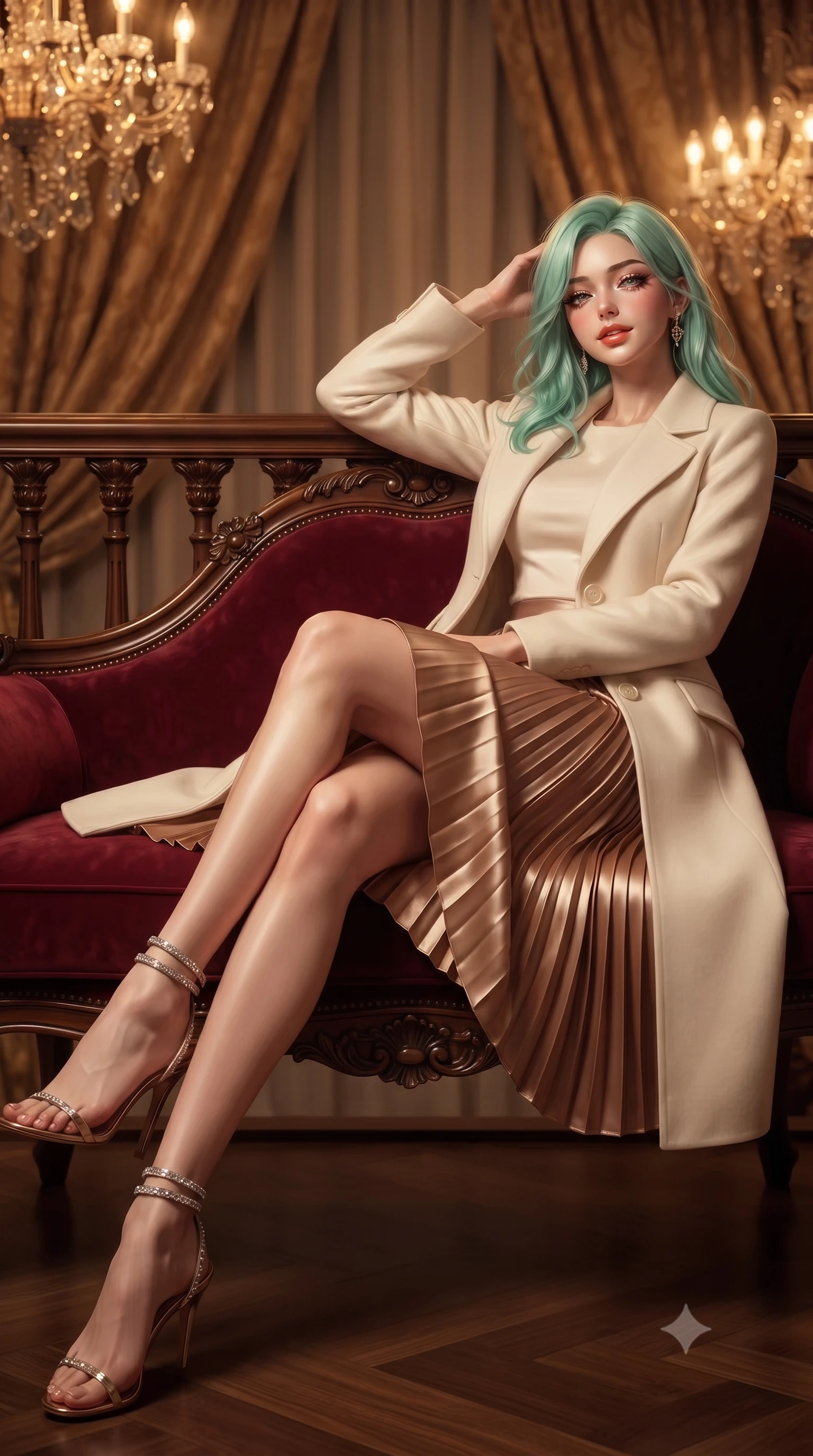 score_9, masterpiece, best quality, ultra-detailed, high-budget anime keyframe, editorial fashion photography, tasteful artistic composition, Japanese woman. close-up cowboy shot from the waist and thighs up, the character dominates the composition, filling the frame with her large presence. leaning back against the balustrade with relaxed seductive grace, head tilted back slightly while casting a hypnotic, heavy-lidded gaze while lounging gracefully across the crimson velvet French settee propped on one elbow with legs extended, displaying her long slender limbs and statuesque hourglass silhouette with imperial poise. The background shows a soft-focus flowing heavy gold damask drapery softened in Bohemian royal state apartment shallow focus. She has an exceptionally elegant, slender, and willowy female figure with an ultra-slim waist, flat toned midriff, narrow ribcage, and sculpted feminine hips creating an alluring, slim hourglass silhouette without bulk. sharp v-shaped jawline, high-bridge nose, intricate jewel-like sparkling eyes with depth, thick eyelashes, glossy parted lips with a natural peach sheen, bright cheerful beaming smile with an enchanting and coquettish sensual glint, exuding both youthful cute charm and seductive allure, flawlessly proportioned anatomical accuracy, strict slender model proportions, natural body alignment, perfectly sculpted long slender limbs, ultra-slim waistline, clean dynamic posture without body distortion. wearing a tailored double-faced ivory wool riding coat paired with an A-line accordion pleated midi skirt in antique bronze copper and dewy ivory silk, crafted from bespoke double-faced cashmere with an exceptionally soft tactile finish, complemented by strappy stiletto sandals with crystal ankle wraps accentuating her slender calves, the impeccably tailored cut draping gracefully along her slender figure with aristocratic poise. bathed in the warm radiant 2600K golden illumination of hundreds of crystal chandelier lamps dimmed to an intimate evening glow. ultra-reflective glossy finish, specular highlights, rich textural contrasts, high-contrast stereoscopic depth, volumetric dynamic lighting, 2k, ultra detail, master piece, 9:16 ratio