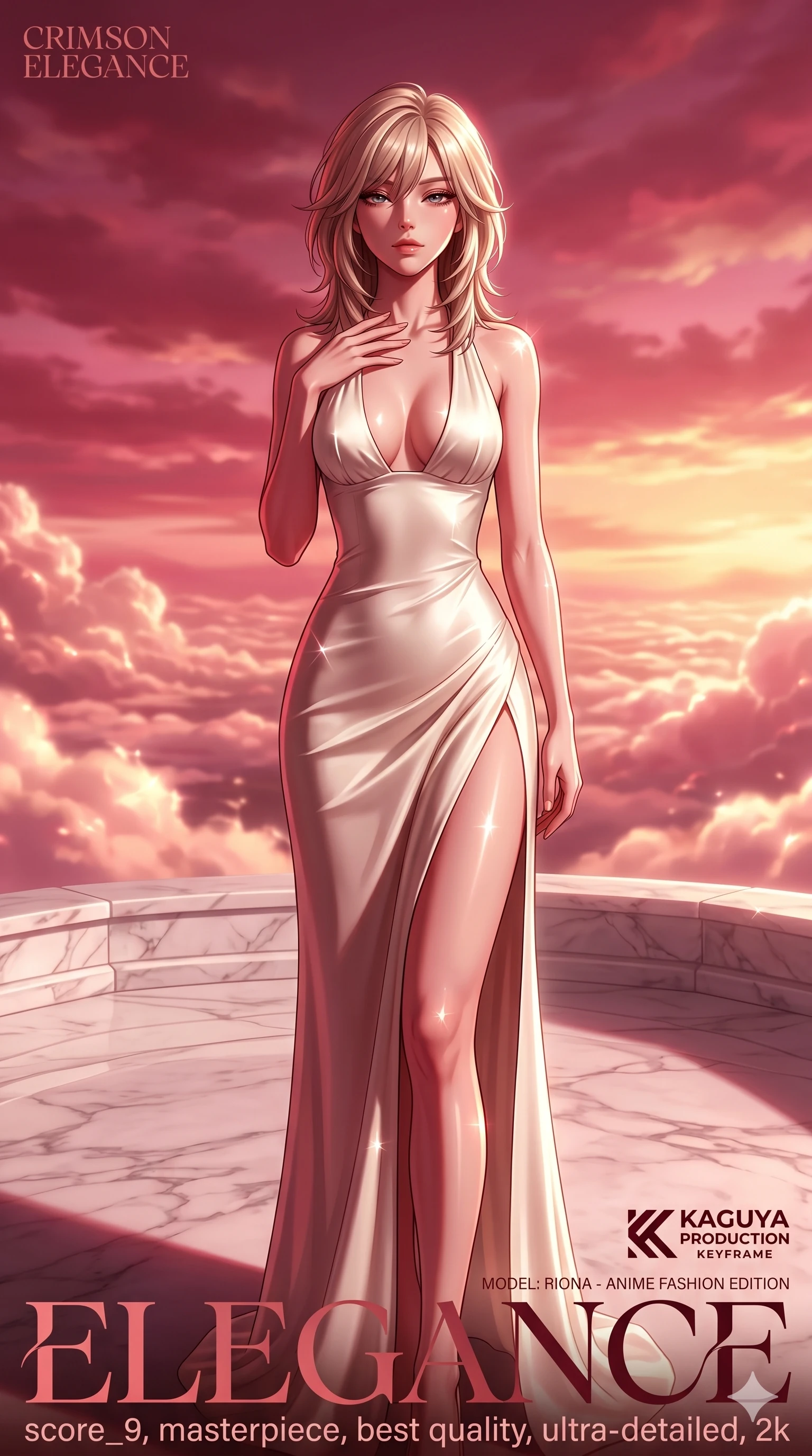 score_9, masterpiece, best quality, ultra-detailed, high-budget anime keyframe, editorial fashion photography, tasteful artistic composition, Japanese woman. cowboy shot from the thighs up, character and outfit filling the frame for maximum editorial presence. Arching her neck slightly with her eyes half-closed in composure atop a floating white marble terrace above a sea of luminous rose-gold clouds. She has an absolutely perfect 8-heads proportion, an exceptionally tall and slender female figure with impossibly long slender legs and an ultra-slim waist. V-shaped jawline, high-bridge nose, intricate jewel-like eyes with depth, thick eyelashes, glossy lips with a natural sheen. wearing an ivory bias-cut silk floor-length gown with a structured halter neckline and a bold dramatic side slit ascending to the mid-thigh, the fluid silk clinging elegantly to her statuesque silhouette. drenched in deep crimson theatrical lighting with sharp specular highlights on every curve. 2k, ultra detail, master piece, 9:16 ratio