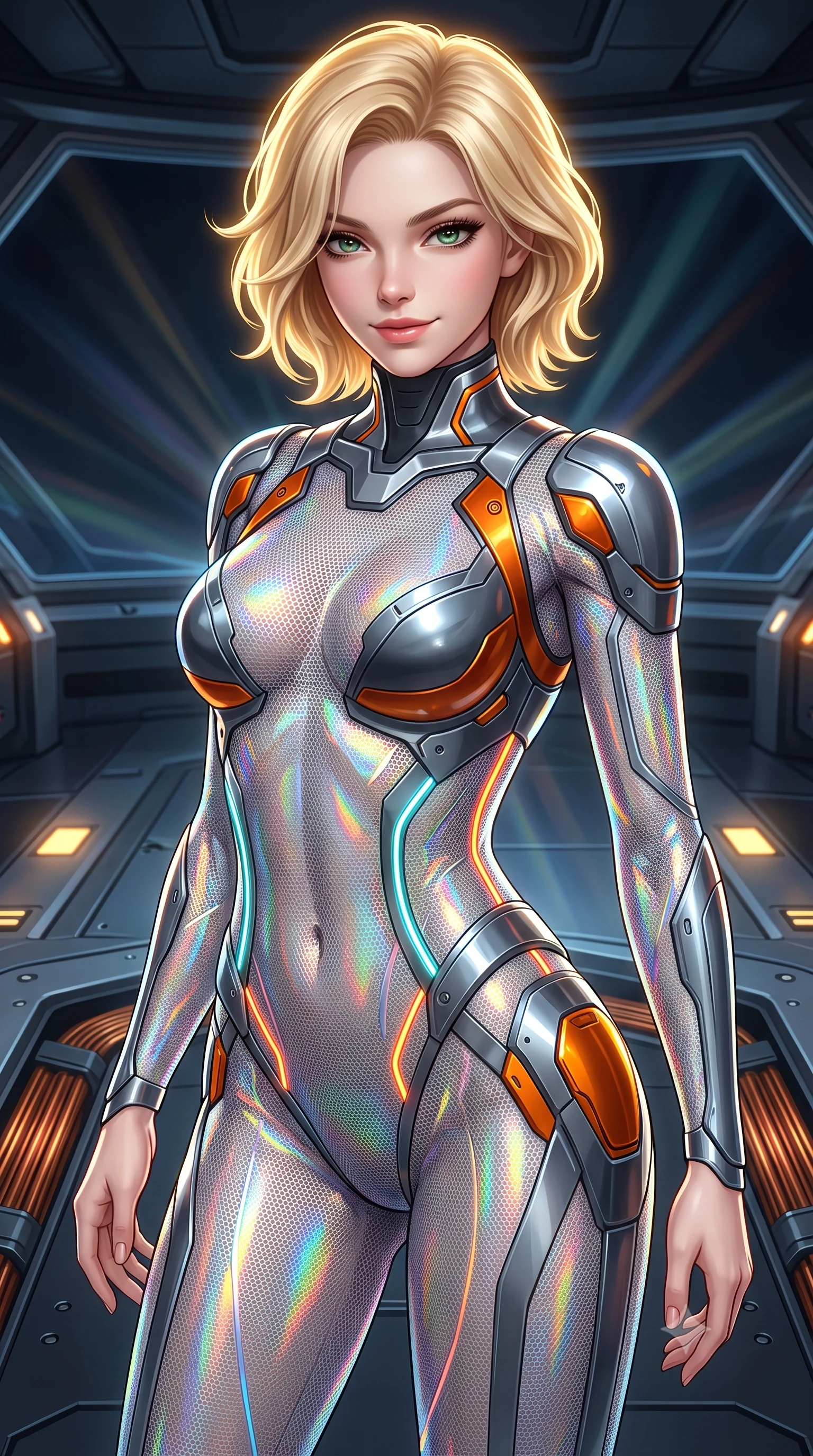 score_9, masterpiece, best quality, ultra-detailed, high-budget anime keyframe, semi-realistic 3D game render, editorial fashion photography, tasteful artistic composition, Caucasian woman. close-up cowboy shot from the waist and thighs up, the character dominates the composition, filling the frame with her large presence. turning slowly with a smoldering smile, her sleek hair catching the cockpit HUD rim light as her hips angle gracefully in a captivating contrapposto while twisting her slender torso in an alluring contrapposto stance, gravitational lensing rays bending light across her narrow waist and hips. The surrounding environment is rendered in vivid detail and crisp panoramic clarity: sharp magnetic coil copper windings, launch platform structural rivets, and energy field distortion clarity in deep focus. She has an exceptionally elegant, slender, and willowy female figure with an ultra-slim waist, flat toned midriff, narrow ribcage, and sculpted feminine hips creating an alluring, slim hourglass silhouette without bulk. sharp v-shaped jawline, high-bridge nose, intricate jewel-like sparkling eyes with depth, thick eyelashes, glossy parted lips with a natural sheen, bright confident smile with an enchanting and coquettish sensual glint, exuding both youthful magnetic charm and sovereign high-tech allure, flawlessly proportioned anatomical accuracy, strict slender model proportions, natural body alignment, perfectly sculpted long slender limbs, ultra-slim waistline, clean dynamic posture without body distortion. wearing a form-contouring delicate silver nano-mesh bodysuit with strategically placed chrome armor plate guards covering key curves in stealth charcoal slate and molten laser orange, woven from layered gossamer holographic organza casting chromatic prism reflections, accented with glowing neon fiber-optic piping tracing her spine and hip lines, the form-fitting tactical tailoring adhering flawlessly to her sculpted flat midriff and slender torso, emphasizing her long leg lines and perfectly proportioned willowy build. illuminated by platform safety beacons and sharp platinum rim lights sculpting her razor-sharp jawline, narrow waist, and curvy hips. highly saturated vibrant anime colors, detailed shading with soft gradients, rich glossy textures, high-contrast stereoscopic depth, volumetric dynamic lighting, master piece, 9:16 ratio