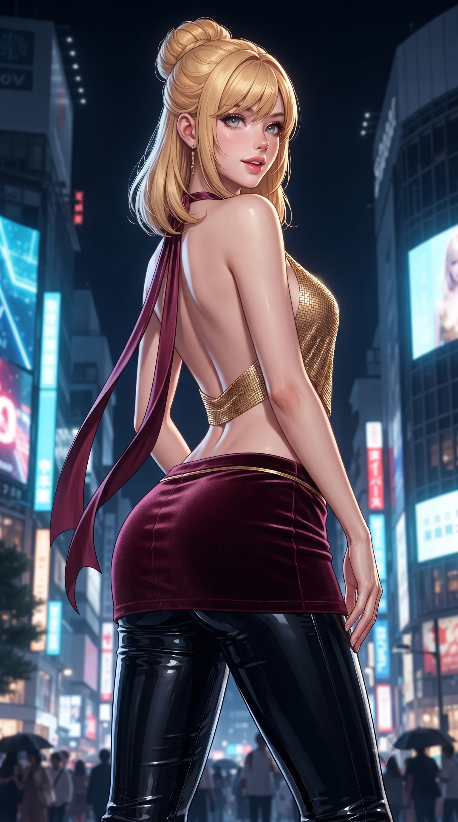 score_9, masterpiece, best quality, ultra-detailed, high-budget anime keyframe, editorial fashion photography, tasteful artistic composition, Caucasian woman. close-up cowboy shot from the waist and thighs up, the character dominates the composition, filling the frame with her large presence. posing in an alluring rear three-quarter angle, looking over a bare shoulder with parted glossy lips, her hips cocked back to highlight her slim hourglass curve while twisting her slender torso in an alluring S-curve, dynamic video wall projections tracing her narrow waist, flat midriff, and hips. The surrounding environment is rendered in vivid detail and crisp panoramic clarity: detailed wet-look vinyl pants cling, glossy lip texture, and Shibuya urban architecture in razor-sharp resolution. She has an exceptionally elegant, slender, and willowy female figure with an ultra-slim waist, flat toned midriff, narrow ribcage, and sculpted feminine hips creating an alluring, slim hourglass silhouette without bulk. sharp v-shaped jawline, high-bridge nose, sparkling eyes with hypnotic seductive depth, thick curled eyelashes, glossy parted lips with a natural dewy peach sheen, alluring bedroom-eyes with an enchanting coquettish smile, exuding magnetic siren charisma and sophisticated glamour, flawlessly proportioned anatomical accuracy, strict slender model proportions, natural body alignment, perfectly sculpted long slender limbs, ultra-slim waistline, clean dynamic posture without body distortion. wearing a liquid gold chainmail cowl halter top paired with an ultra-low-rise velvet mini skirt in smoky bordeaux wine and gilded bronze, tailored from ultra-plush velvet with rich tactile depth and deep shadow gradients, finished with long silk ribbon ties fluttering down her bare spine from a backless halter, the glove-like clinging cut tightly following the natural contour of her hips and long slender legs with youthful 8.5-heads elegance. illuminated by glass window bounce and sharp electric-cyan rim lights defining her razor-sharp jawline, ultra-slim waist, and curvy hips. ultra-reflective glossy finish, specular highlights, rich textural contrasts, high-contrast stereoscopic depth, volumetric dynamic lighting, 2k, ultra detail, master piece, 9:16 ratio