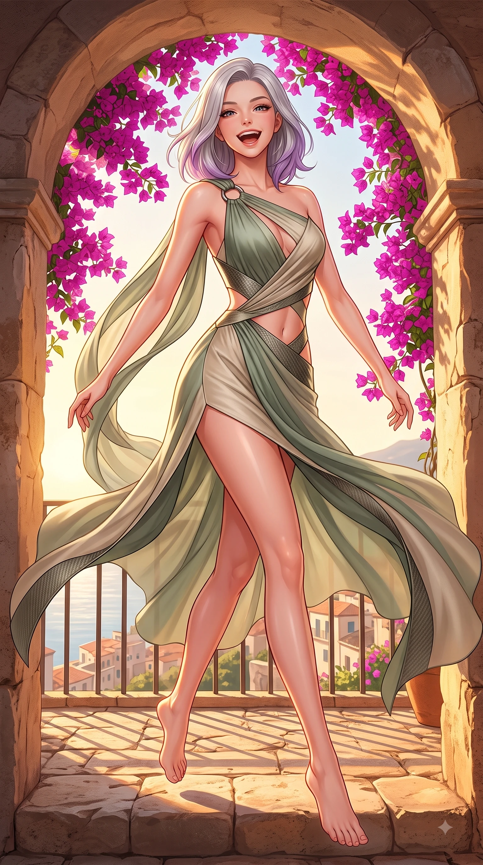 score_9, masterpiece, best quality, ultra-detailed, high-budget anime keyframe, editorial fashion photography, tasteful artistic composition, Caucasian woman. low angle full-body shot from head to toe showing her feet, filling the entire 9:16 vertical frame with her statuesque presence, stretching her vertical silhouette. pivoting dynamically in zero-gravity with a delighted laughing expression, displaying her perfect model proportions while resting happily on a stone archway balcony as intense Mediterranean sunlight warms her form, vivid magenta bougainvillea blossoms creating colorful framing around her smiling face. She has an absolutely perfect, statuesque 8.5-heads proportion, an exceptionally tall and slender model-like female figure with impossibly long slender legs and an ultra-slim waist. sharp v-shaped jawline, high-bridge nose, intricate jewel-like eyes with depth, thick eyelashes, glossy lips with a natural sheen, flawlessly proportioned anatomical accuracy, natural body alignment, perfectly sculpted elegant limbs, clean dynamic posture without body distortion. wearing an asymmetrical Grecian draped chiffon gown with a metallic shoulder ring in sage green and oatmeal, made of fine carbon-fiber weave and soft matte leather, featuring subtle geometric cutouts that highlight her ultra-slim midriff, the glove-like fit emphasizing her statuesque silhouette during motion. illuminated by warm golden sunlight with soft terracotta ambient fill. highly saturated vibrant anime colors, detailed shading with soft gradients, rich glossy textures, high-contrast stereoscopic depth, volumetric dynamic lighting, master piece, 9:16 ratio