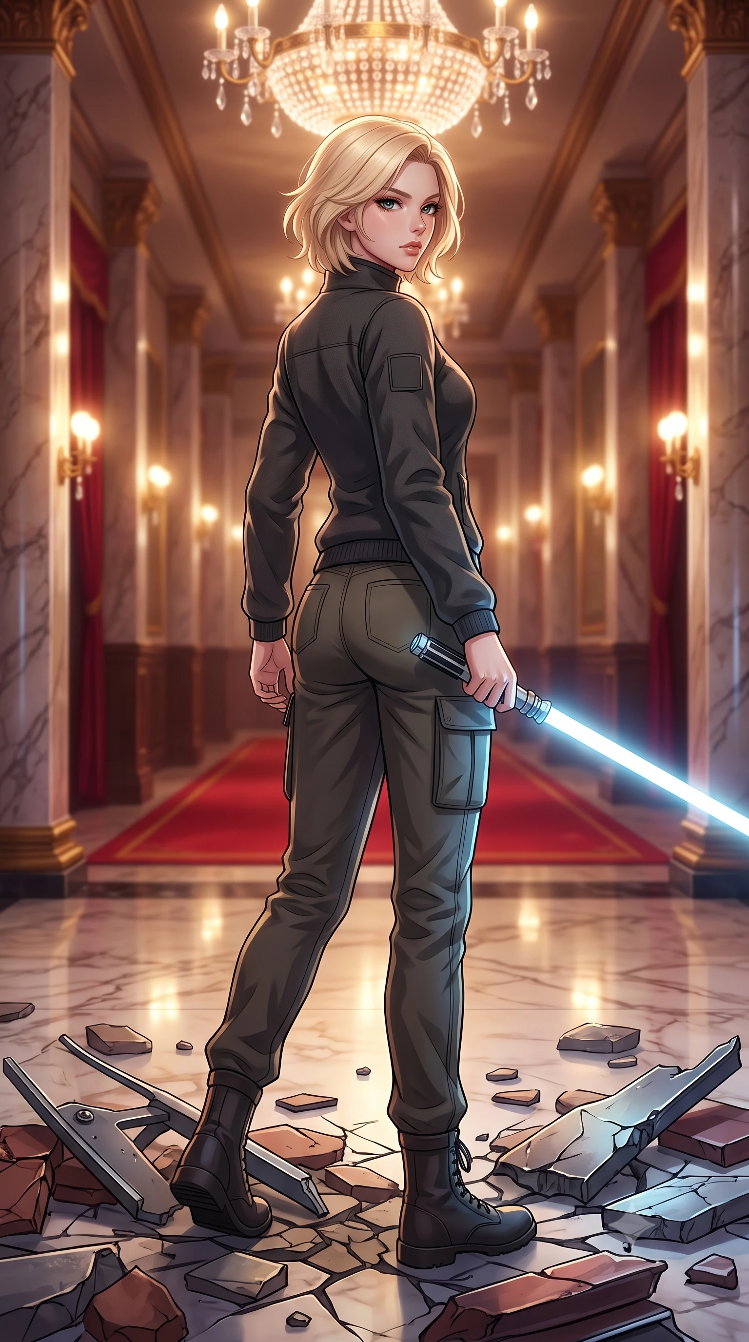 score_9, masterpiece, best quality, ultra-detailed, high-budget anime keyframe, editorial fashion photography, tasteful artistic composition, Caucasian woman. low angle full-body shot from head to toe showing her feet, filling the entire 9:16 vertical frame with her statuesque presence, stretching her vertical silhouette. stepping gracefully through battlefield debris with a glowing saber hilt in hand, looking back over her shoulder, the background shows a soft-focus a grand theater corridor with marble columns and red carpets under chandeliers. She has an absolutely perfect, statuesque 8.5-heads proportion, an exceptionally tall and slender model-like female figure with impossibly long slender legs and an ultra-slim waist. sharp v-shaped jawline, high-bridge nose, intricate jewel-like eyes with depth, thick eyelashes, glossy lips with a natural sheen. wearing a body-hugging comfortable charcoal fleece flight jacket over a protective high-neck undershirt and utility cargo pants. multiple warm ambient lights reflecting off polished marble and brass. highly saturated vibrant anime colors, detailed shading with soft gradients, rich glossy textures, high-contrast stereoscopic depth, volumetric dynamic lighting, master piece, 9:16 ratio