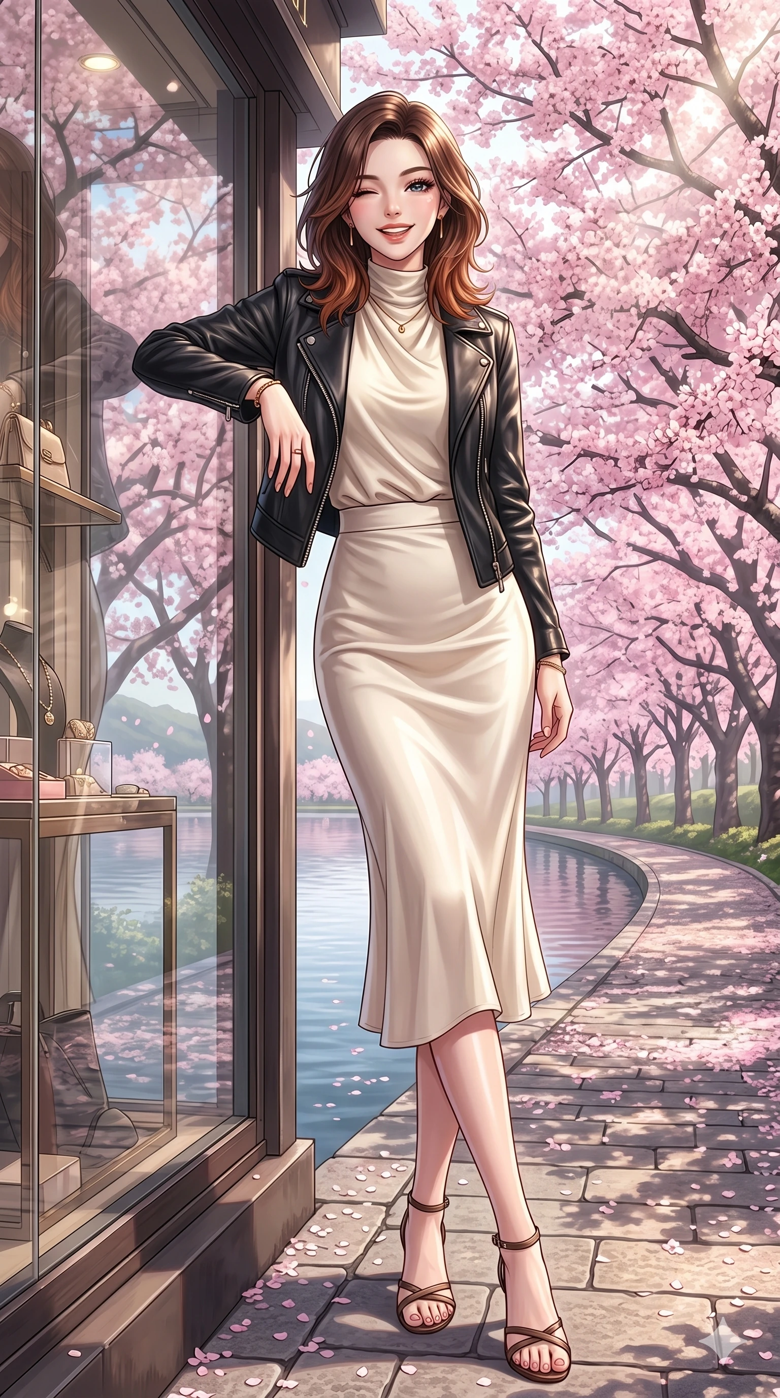 score_9, masterpiece, best quality, ultra-detailed, high-budget anime keyframe, vibrant anime aesthetic, Korean woman. low angle full-body shot from head to toe showing her feet, filling the entire 9:16 vertical frame with her statuesque presence, stretching her vertical silhouette. She is leaning against a boutique window, winking with a playful and lively expression by a scenic lakeside promenade lined with blooming cherry trees under the morning sun (Code-P20-024). She has an absolutely perfect 8-heads proportion, an exceptionally tall and slender female figure with impossibly long slender legs and an ultra-slim waist. V-shaped jawline, high-bridge nose, intricate jewel-like eyes with depth, thick eyelashes, glossy lips with a natural sheen. wearing a black leather jacket over a high-neck silk top and skirt. She is bathed in soft morning sunbeams filtered through the garden mist, creating a serene aura. 2k, ultra detail, master piece, 9:16 ratio