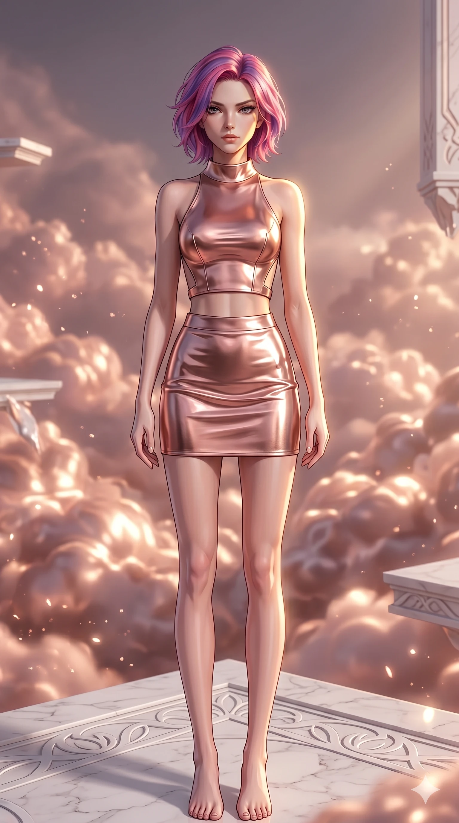 score_9, masterpiece, best quality, ultra-detailed, high-budget anime keyframe, editorial fashion photography, tasteful artistic composition, Caucasian woman, strictly human ears. cowboy shot from the thighs up, character and outfit filling the frame for maximum editorial presence. Gazing past the camera with an air of effortless superiority atop a floating white marble terrace above a sea of luminous rose-gold clouds. She has an absolutely perfect 8-heads proportion, an exceptionally tall and slender female figure with impossibly long slender legs and an ultra-slim waist. V-shaped jawline, high-bridge nose, intricate jewel-like eyes with depth, thick eyelashes, glossy lips with a natural sheen. wearing a sculpted metallic rose-gold structured crop top with a forward-facing architectural neckline and a wide-open back, paired with a matching high-waist metallic mini skirt in the same liquid fabric. lit by dramatic chiaroscuro with a single golden key light carving her facial contours and figure. 2k, ultra detail, master piece, 9:16 ratio
