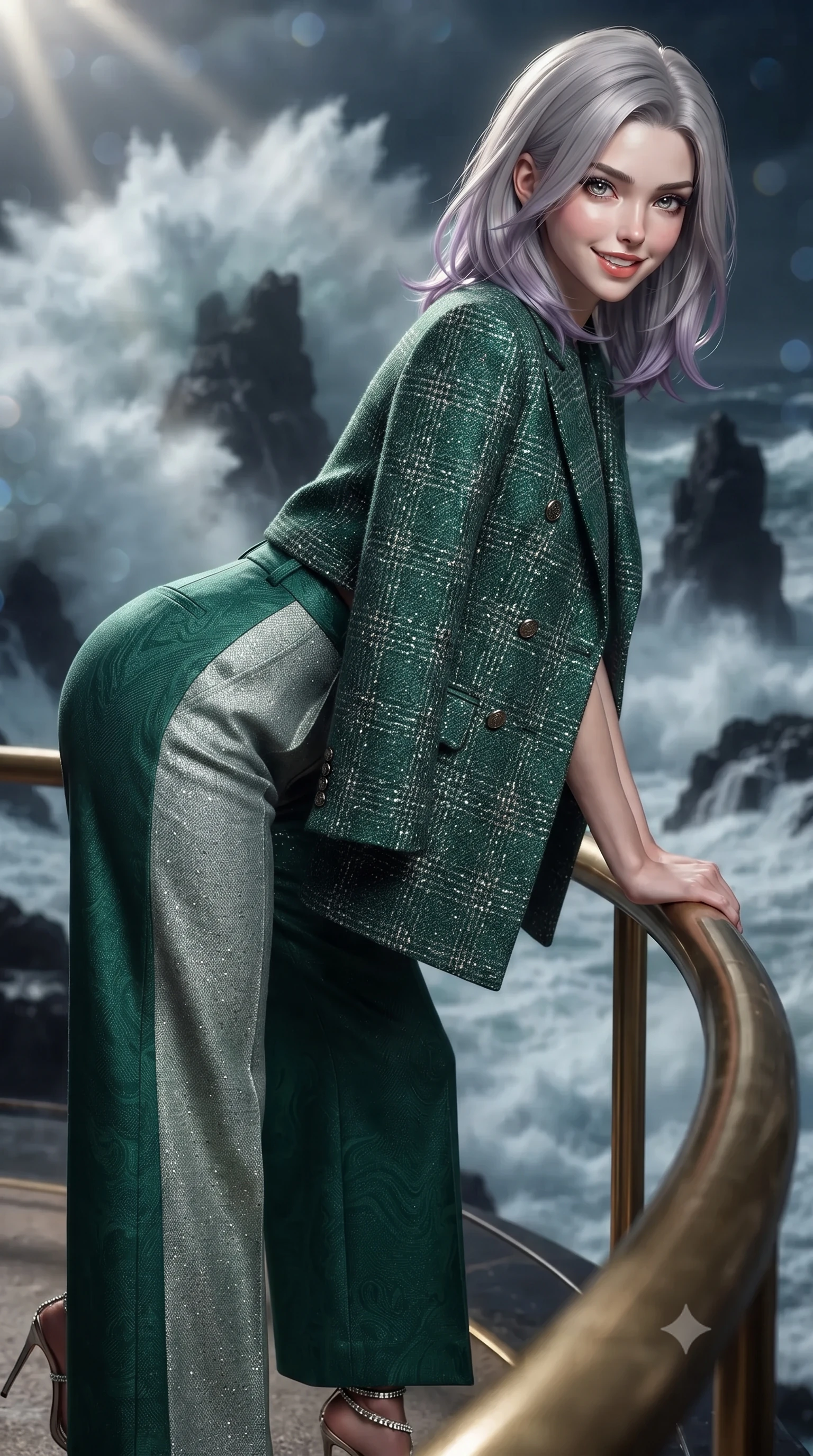 score_9, masterpiece, best quality, ultra-detailed, high-budget anime keyframe, editorial fashion photography, tasteful artistic composition, Caucasian woman. close-up cowboy shot from the waist and thighs up, the character dominates the composition, filling the frame with her large presence. leaning forward while arching her lower back to accentuate her curvy hips, looking into the camera with an intoxicating smoldering gaze and bedroom-eyes while leaning against the curved brass lens rail with hips cocked back, looking down at colossal white foam breakers crashing on dark reefs with smoldering bedroom-eyes. The background shows a soft-focus colossal storm waves crashing over dark granite sea stacks, rotating Fresnel lens light beams cutting through midnight sea spray, blurred into diamond, slate, and sapphire bokeh. She has an exceptionally elegant, slender, and willowy female figure with an ultra-slim waist, flat toned midriff, narrow ribcage, and sculpted feminine hips creating an alluring, slim hourglass silhouette without bulk. sharp v-shaped jawline, high-bridge nose, intricate jewel-like sparkling eyes with depth, thick eyelashes, glossy parted lips with a natural peach sheen, bright cheerful beaming smile with an enchanting and coquettish sensual glint, exuding both youthful cute charm and seductive allure, flawlessly proportioned anatomical accuracy, strict slender model proportions, natural body alignment, perfectly sculpted long slender limbs, ultra-slim waistline, clean dynamic posture without body distortion. wearing a tailored Scottish Harris tweed double-breasted cape coat paired with wide-leg tailored wool trousers in Art Nouveau malachite green and antique starlight silver, woven from structured British tweed with subtle metallic flecks, complemented by strappy stiletto sandals with crystal ankle wraps accentuating her slender calves, the bespoke structured tailoring following the natural line of her 8.5-heads silhouette with refined elegance. illuminated by curved glass reflection bounce and sharp platinum-gold rim lights defining her dewy collarbones, ultra-slim waist, and curvy hips. ultra-reflective glossy finish, specular highlights, rich textural contrasts, high-contrast stereoscopic depth, volumetric dynamic lighting, 2k, ultra detail, master piece, 9:16 ratio