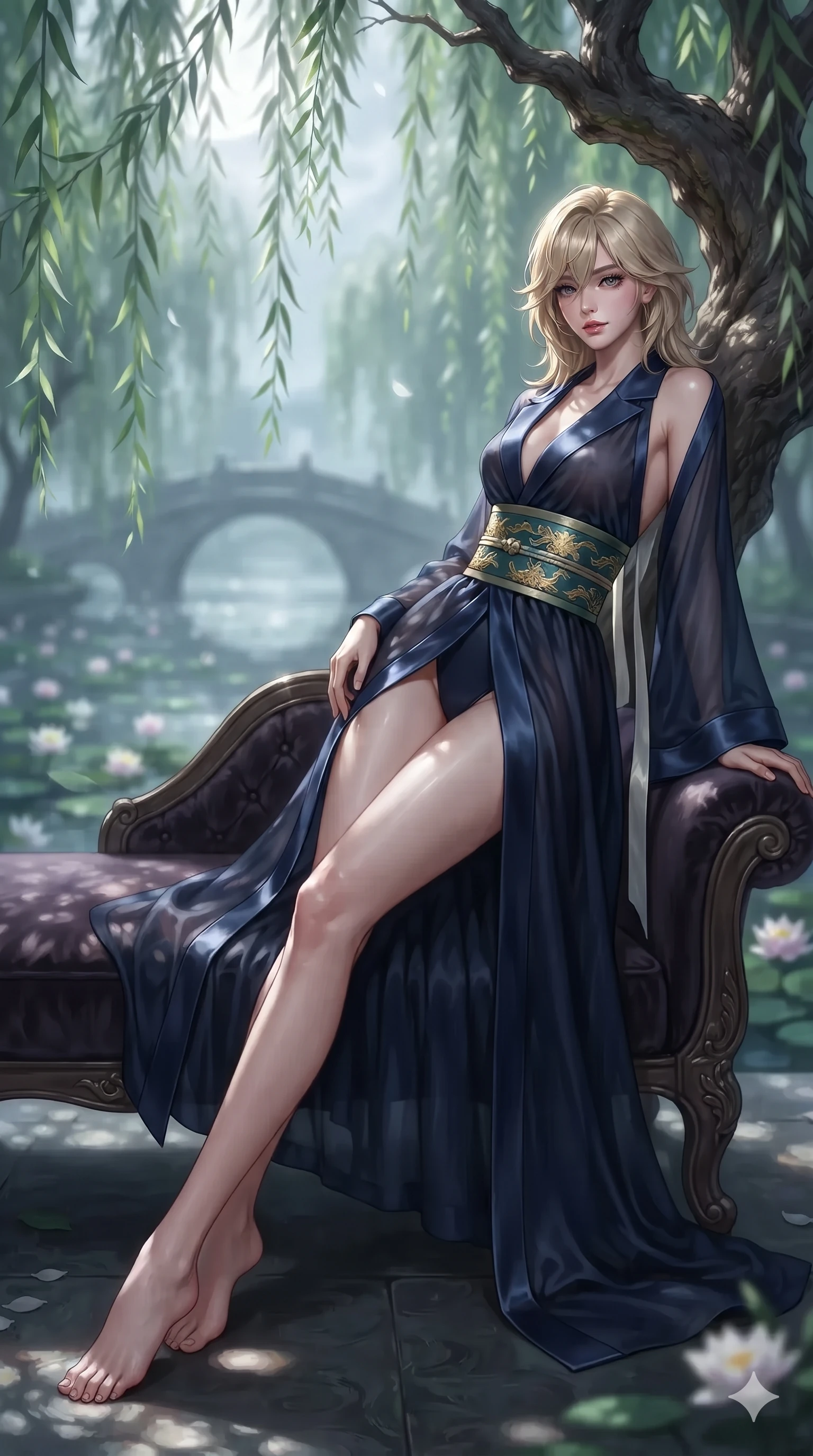 score_9, masterpiece, best quality, ultra-detailed, high-budget anime keyframe, editorial fashion photography, tasteful artistic composition, Japanese woman. low angle full-body shot from head to toe showing her feet, filling the entire 9:16 vertical frame with her statuesque presence, stretching her vertical silhouette. reclining gracefully across the plush chaise lounge with one leg extended, her sculpted silhouette and flat midriff radiating magnetic nocturnal glamour while leaning against a gnarled willow trunk with hips cocked back, night breezes fluttering her sheer silk garments open around her long legs. The background shows a soft-focus swaying weeping willow fronds, drifting flower blossoms on water, and distant arched bridges blurred into emerald, silver, and jade bokeh. She has an absolutely perfect, statuesque 8.5-heads proportion, an exceptionally tall and slender model-like female figure with impossibly long slender legs, an ultra-slim waist, a flat toned midriff, narrow delicate ribcage, and beautifully sculpted feminine hips creating a graceful, slim hourglass silhouette without any bulky heaviness. sharp v-shaped jawline, high-bridge nose, sparkling eyes with hypnotic seductive depth, thick curled eyelashes, glossy parted lips with a natural dewy peach sheen, alluring bedroom-eyes with an enchanting coquettish smile, exuding magnetic siren charisma and sophisticated glamour, flawlessly proportioned anatomical accuracy, strict slender model proportions, natural body alignment, perfectly sculpted long slender limbs, ultra-slim waistline, clean dynamic posture without body distortion. wearing a structured midnight blue silk after-hours durumagi long robe dress with satin lapels and a gold-embroidered obi sash in moonlit jade green and pure alabaster white with silver accents, tailored from crushed dark velvet with deep light-absorbing plush texture, finished with long silk ribbon ties fluttering down her bare spine from a backless halter, the impeccably tailored cut draping gracefully along her slender figure with aristocratic eastern poise. bathed in ethereal silver moonlight filtering through weeping willow leaves creating intricate dappled shadow patterns. ultra-reflective glossy finish, specular highlights, rich textural contrasts, high-contrast stereoscopic depth, volumetric dynamic lighting, 2k, ultra detail, master piece, 9:16 ratio