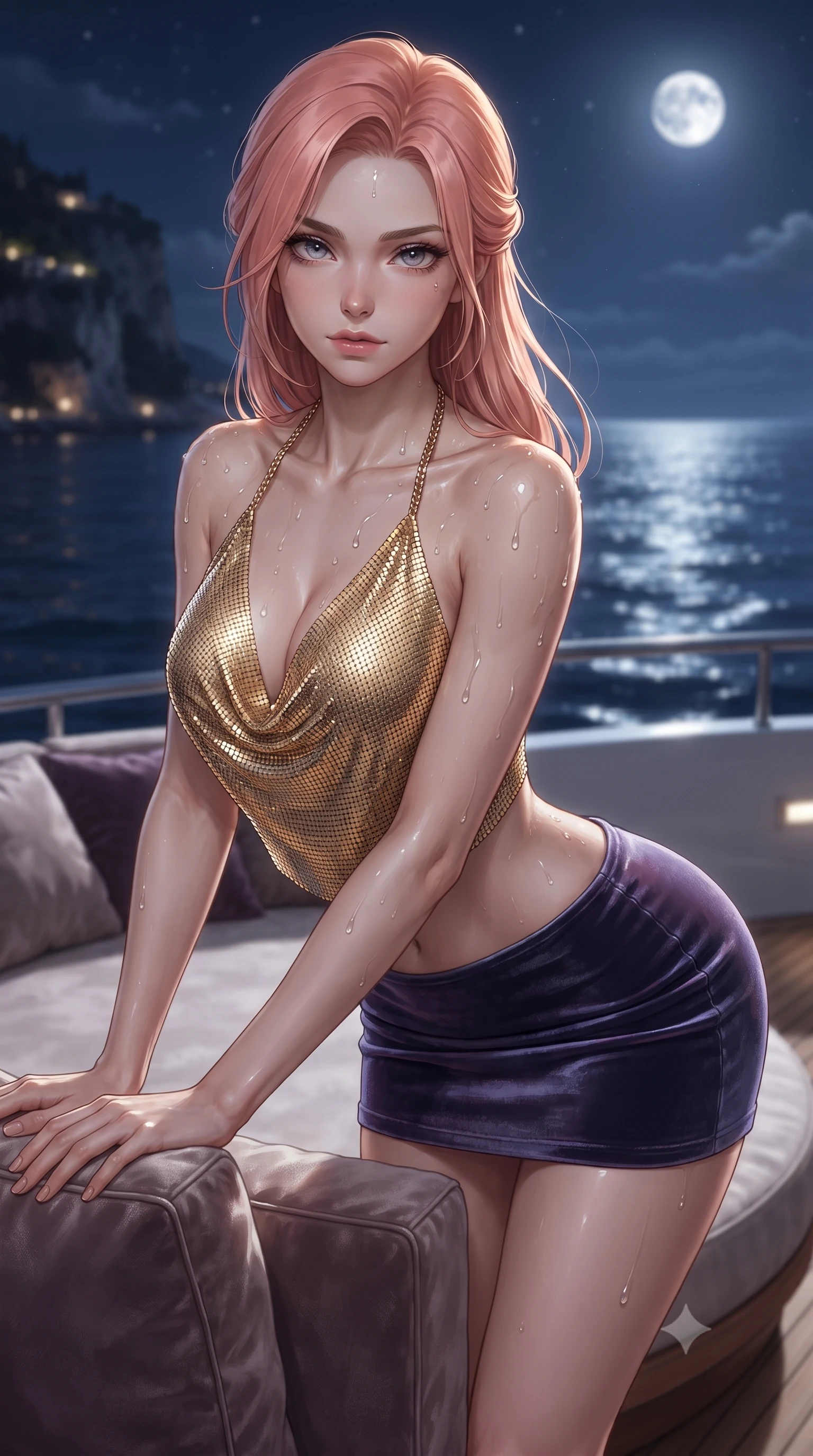 score_9, masterpiece, best quality, ultra-detailed, high-budget anime keyframe, editorial fashion photography, tasteful artistic composition, Japanese woman. close-up cowboy shot from the waist and thighs up, the character dominates the composition, filling the frame with her large presence. leaning forward over the velvet sofa while arching her lower back to accentuate her curvy hips, looking into the camera with an intoxicating smoldering gaze and bedroom-eyes while lounging across the circular teak daybed on the aft deck, arching her spine with sovereign superyacht allure as gentle sea breezes play with her hair. The background shows a soft-focus the dark shimmering Mediterranean sea, distant coastal cliffside lights, and celestial full moon blurred into deep navy, silver, and gold bokeh. She has an exceptionally elegant, slender, and willowy female figure with an ultra-slim waist, flat toned midriff, narrow ribcage, and sculpted feminine hips creating an alluring, slim hourglass silhouette without bulk. sharp v-shaped jawline, high-bridge nose, sparkling eyes with hypnotic seductive depth, thick curled eyelashes, glossy parted lips with a natural dewy peach sheen, alluring bedroom-eyes with an enchanting coquettish smile, exuding magnetic siren charisma and sophisticated high-fashion glamour, flawlessly proportioned anatomical accuracy, strict slender model proportions, natural body alignment, perfectly sculpted long slender limbs, ultra-slim waistline, clean dynamic posture without body distortion. wearing a liquid gold chainmail halter cowl top paired with an ultra-low-rise velvet mini skirt in twilight lavender and midnight indigo, crafted from fluid liquid silk satin that clings smoothly to every curve with a dewy sheen, finished with glistening drops of pool water beading across her sculpted shoulders and collarbones, the form-contouring silhouette accentuating her sculpted flat midriff, narrow delicate ribcage, and gracefully curvy hips with intoxicating allure. illuminated by ocean moonbeam bounce and sharp platinum rim lights sculpting her jawline, flat midriff, and curvaceous hips. ultra-reflective glossy finish, specular highlights, rich textural contrasts, high-contrast stereoscopic depth, volumetric dynamic lighting, 2k, ultra detail, master piece, 9:16 ratio